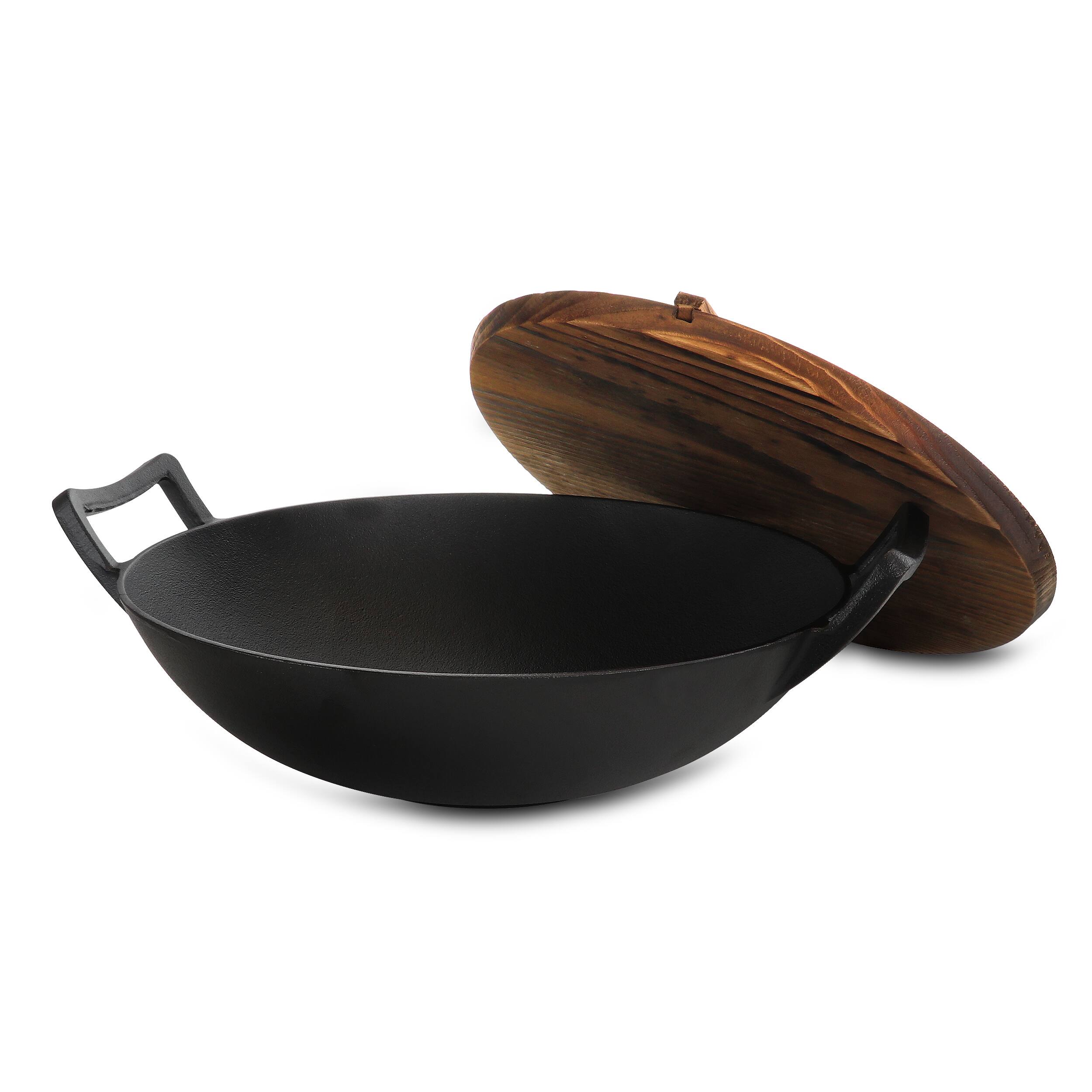 Front. Gibson - General Store Addlestone 2 Piece 14 Inch Heavy Duty Cast Iron Wok with Wood Lid - Black.