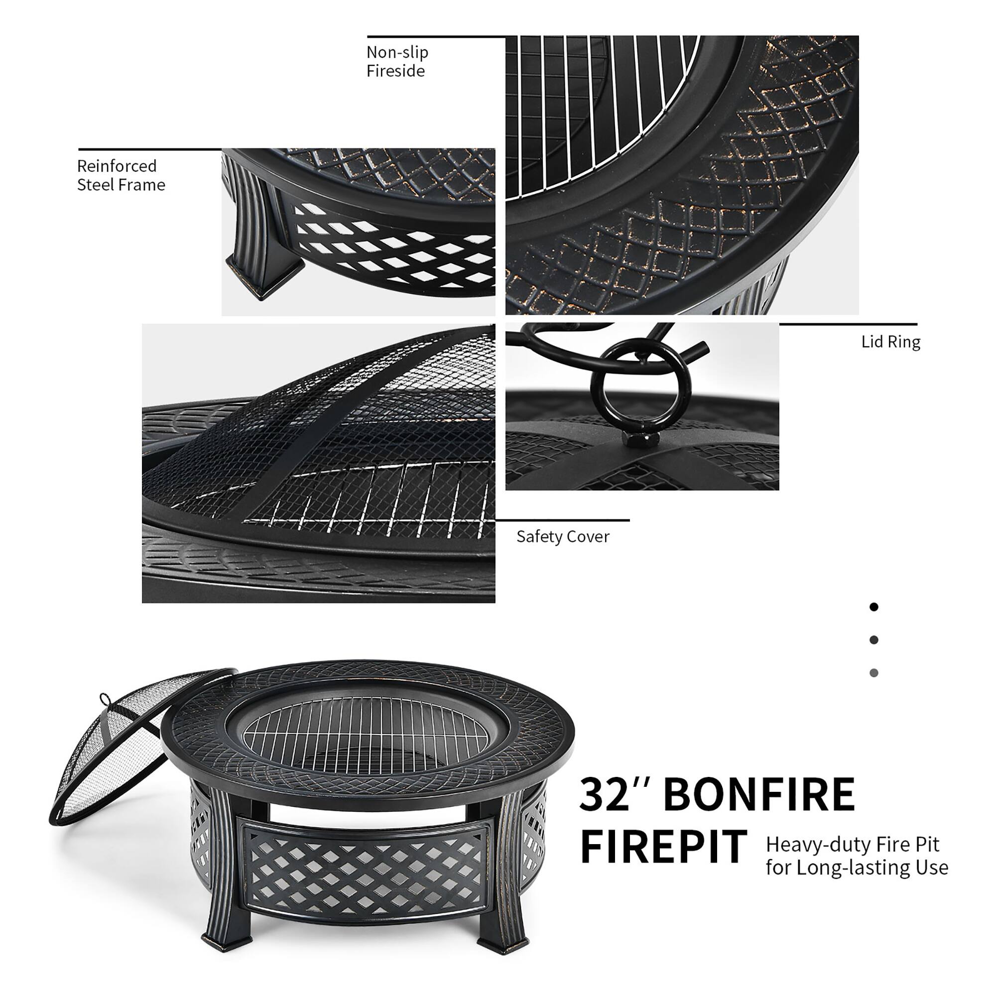 Non-slip Fireside Reinforced Steel Frame Lid Ring Safety Cover 32" BONFIRE FIREPIT Heavy-duty Fire Pit for Long-lasting Use