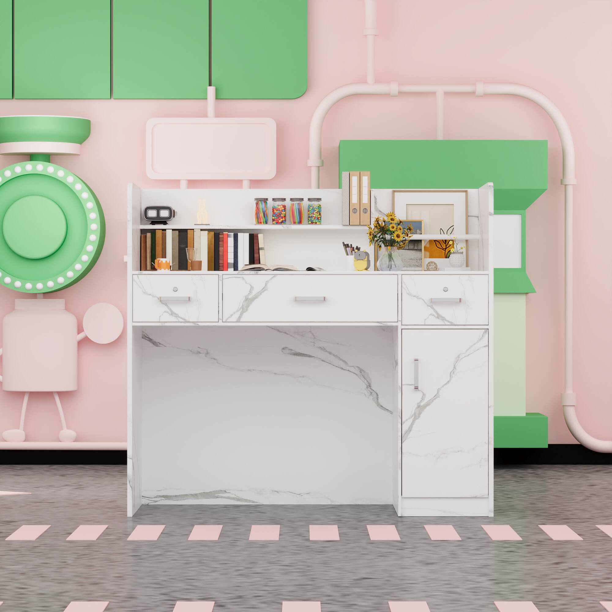 Angle. Famapy - Marble Pattern Desk with Drawer and Cabinet, Computer Desk, Office Reception Table, Study Writing Table with Storage - Marble White.