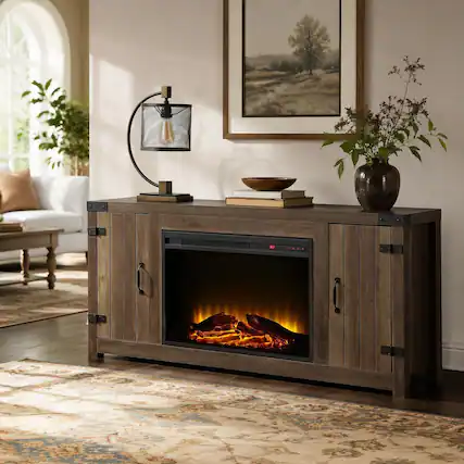 Front. RYHNUYNE - Rustic Oak Freestanding Fireplace, Realistic Warm Flame Effect For Cozy Living Room Bedroom Home Decor Upgrade - Oak.