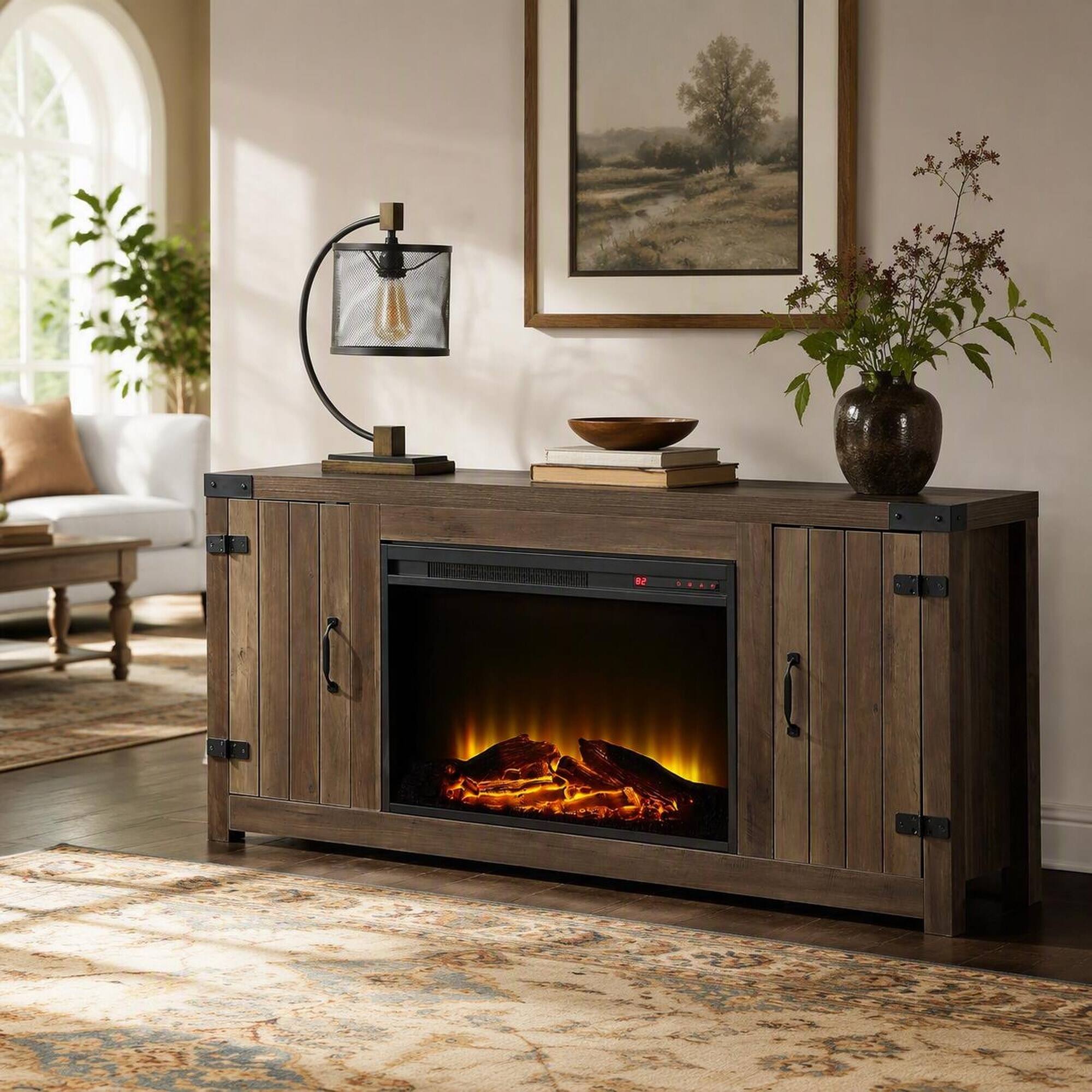 Front. RYHNUYNE - Rustic Oak Freestanding Fireplace, Realistic Warm Flame Effect For Cozy Living Room Bedroom Home Decor Upgrade - Oak.
