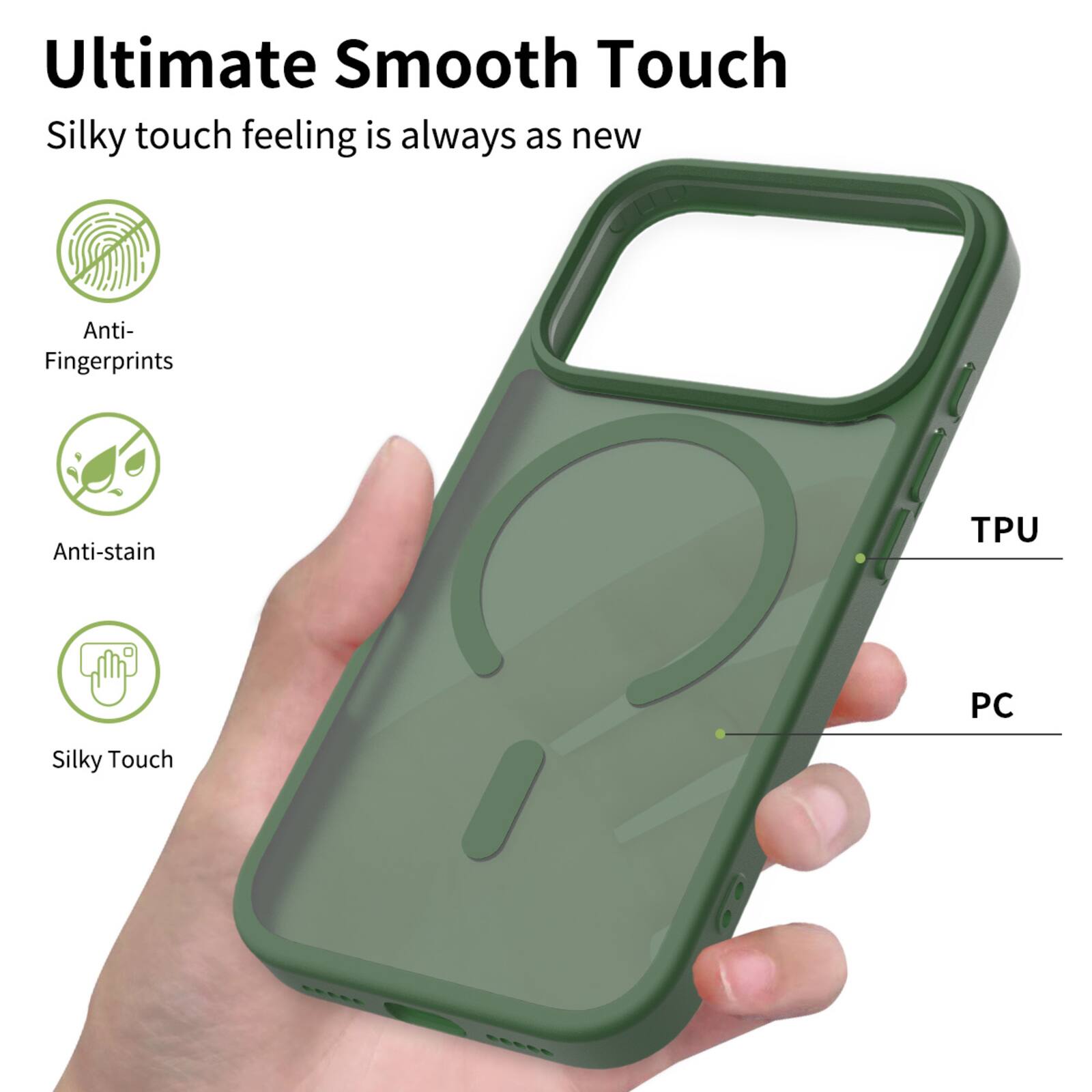 Ultimate Smooth Touch  
Silky touch feeling is always as new  
Anti-Fingerprints  
Anti-stain  
Silky Touch  
TPU PC
