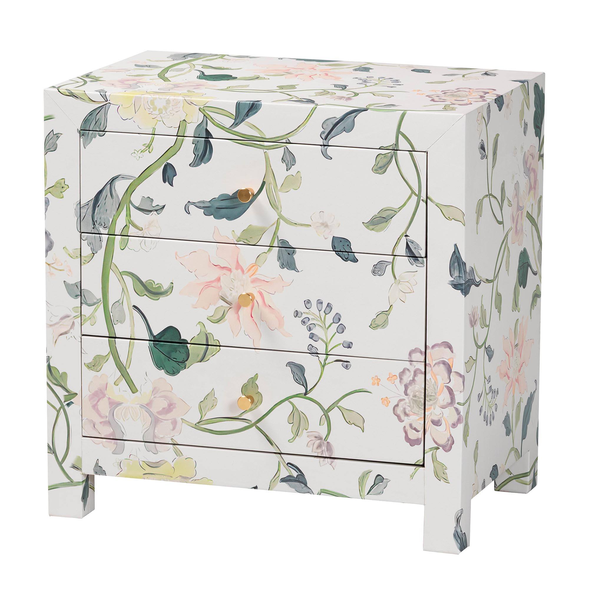 Front. Baxton Studio - Baxton Studio Connery Floral  End Table - 3-Drawer Decorative Accent Storage Cabinet - Multicolor/White.