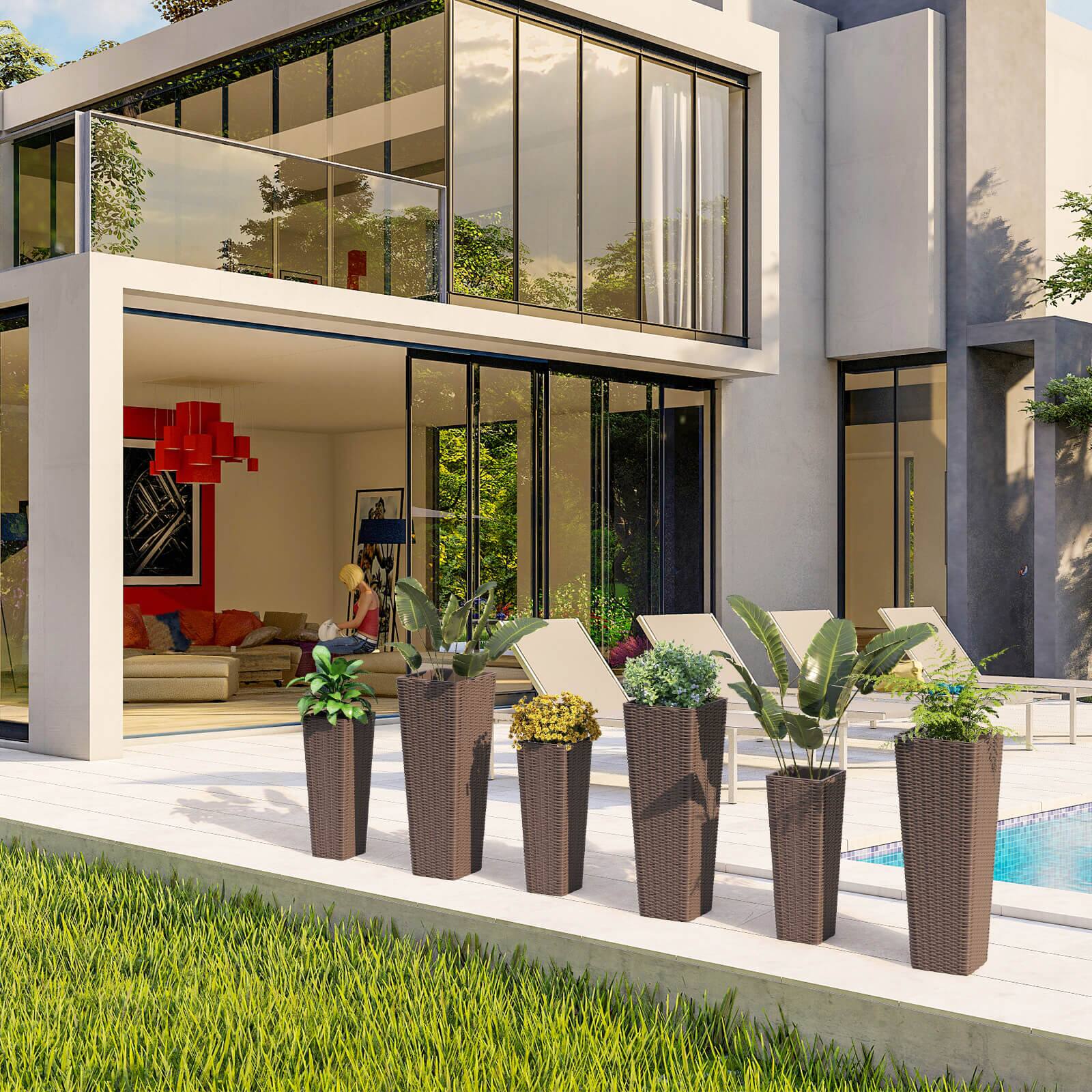 Alt View 3. Costway - Costway Rattan Tall Planter Set of 2 with Removable Inner Trays, Drainage Holes for Garden - Coffee.