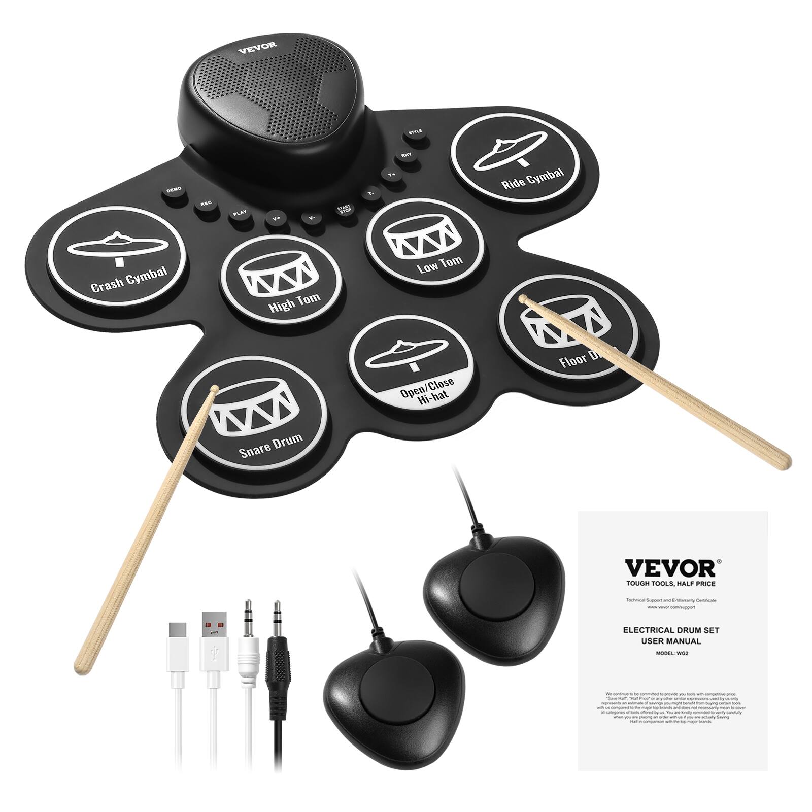 VEVOR 1 SWS - E mLAa * i .. Ride Cymbal Crash Cymbal High Tom Low Tom Open/Close Hi-hat Floor U Snare Drum VEVOR FOLDIS ROOLA BALE PRICE Nctia bas - wau -enLa - - ELECTRICAL DRUM SET USER MANUAL E I : -
