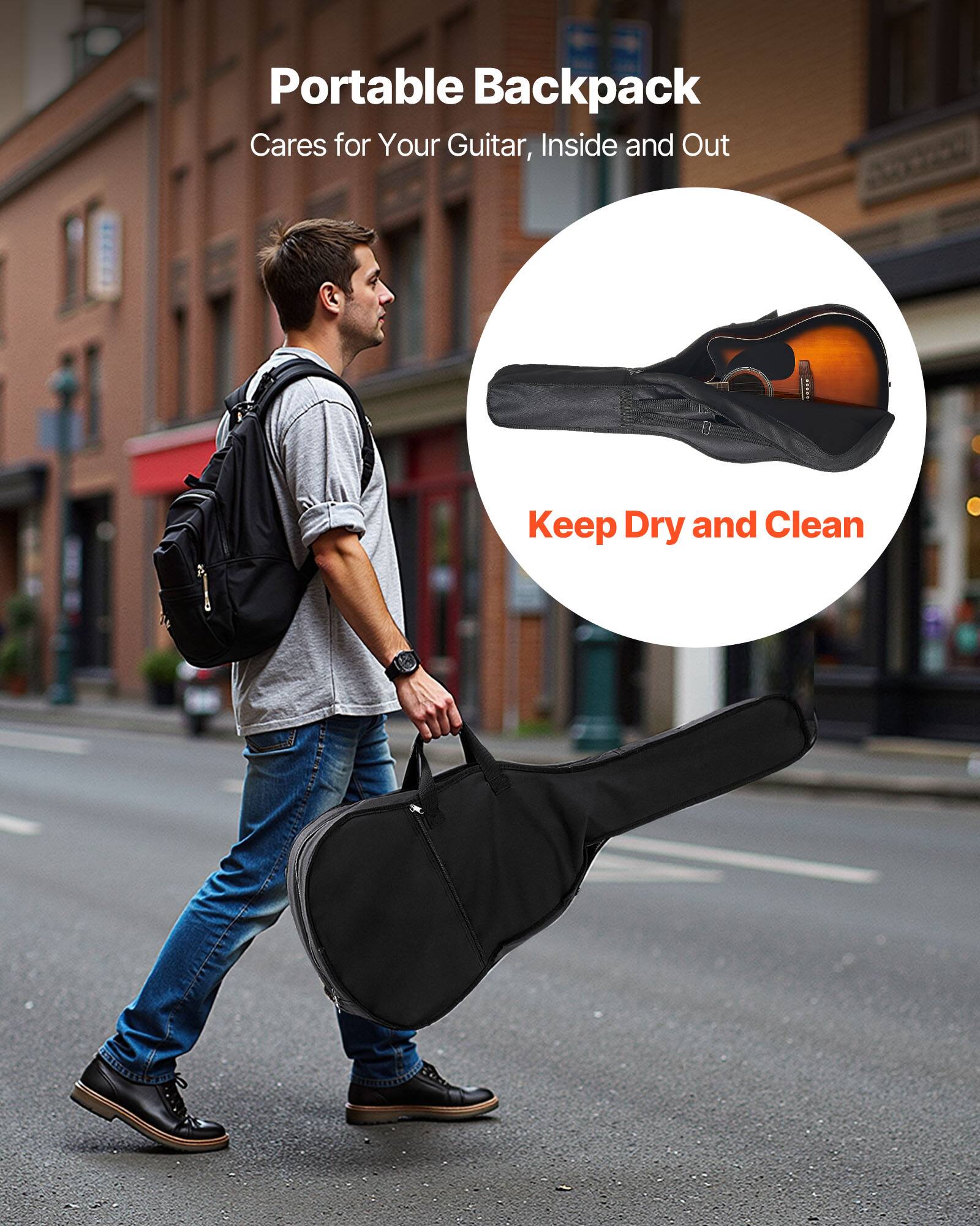 Portable Backpack  
Cares for Your Guitar, Inside and Out  
Keep Dry and Clean