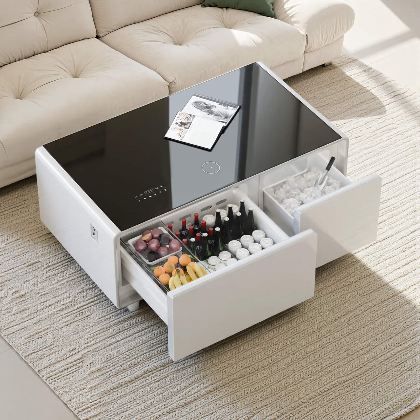 Front. Livtab - Smart Coffee Table with Refrigeration, Freezer Drawer, Wireless Charging, Bluetooth Speaker, Perfect for Living Spaces - WHITE.