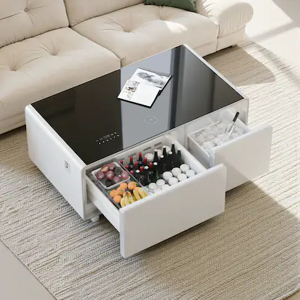 Front. Livtab - Smart Coffee Table with Refrigeration, Freezer Drawer, Wireless Charging, Bluetooth Speaker, Perfect for Living Spaces - WHITE.