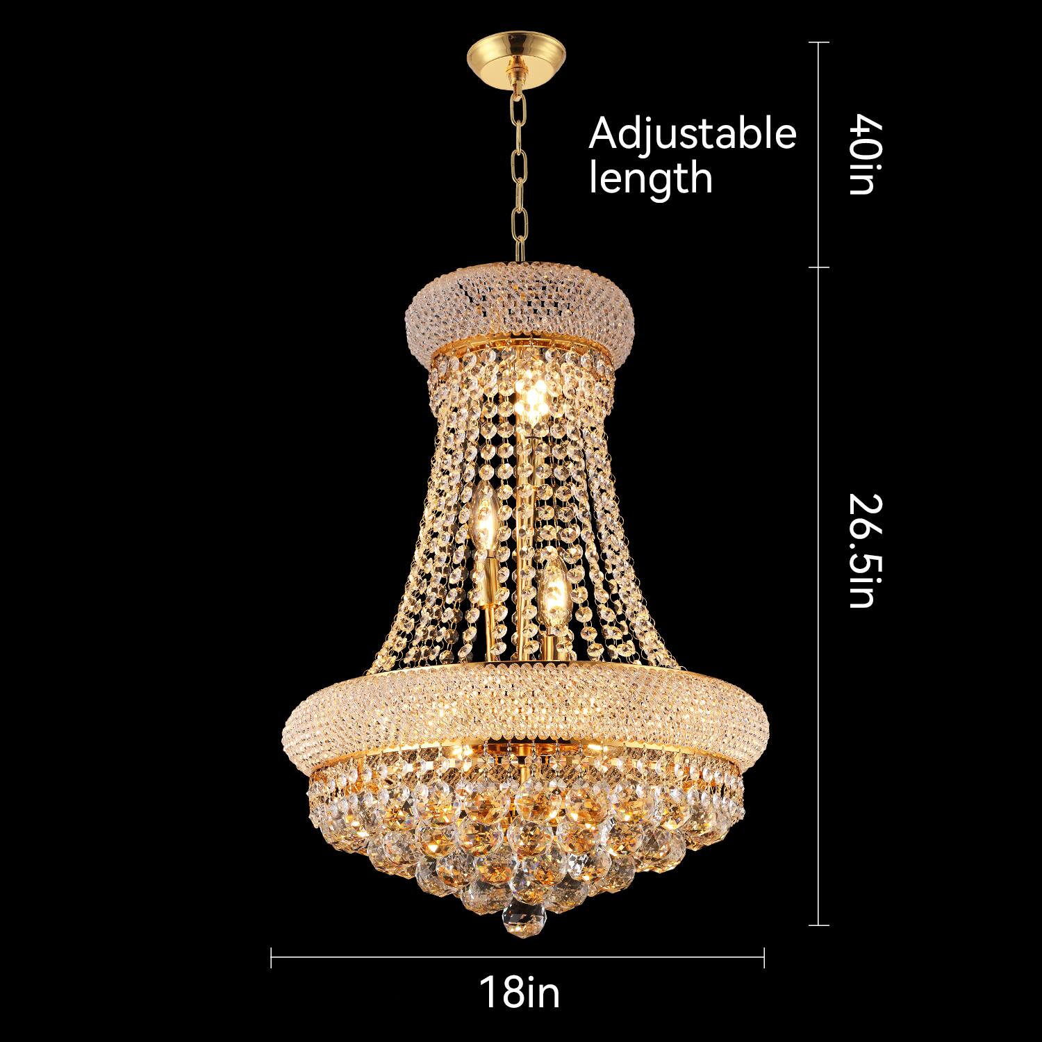 Adjustable length: 40in  
Diameter: 26.5in  
Height: 18in