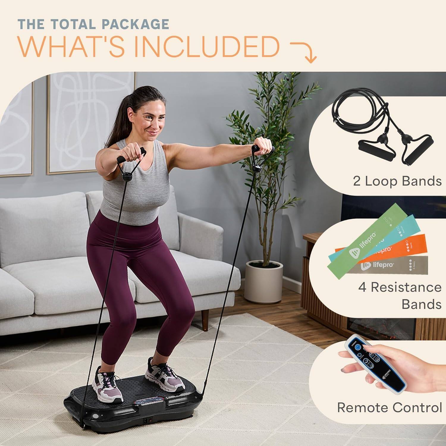 THE TOTAL PACKAGE  
WHAT'S INCLUDED  

- 2 Loop Bands  
- 4 Resistance Bands  
- Remote Control