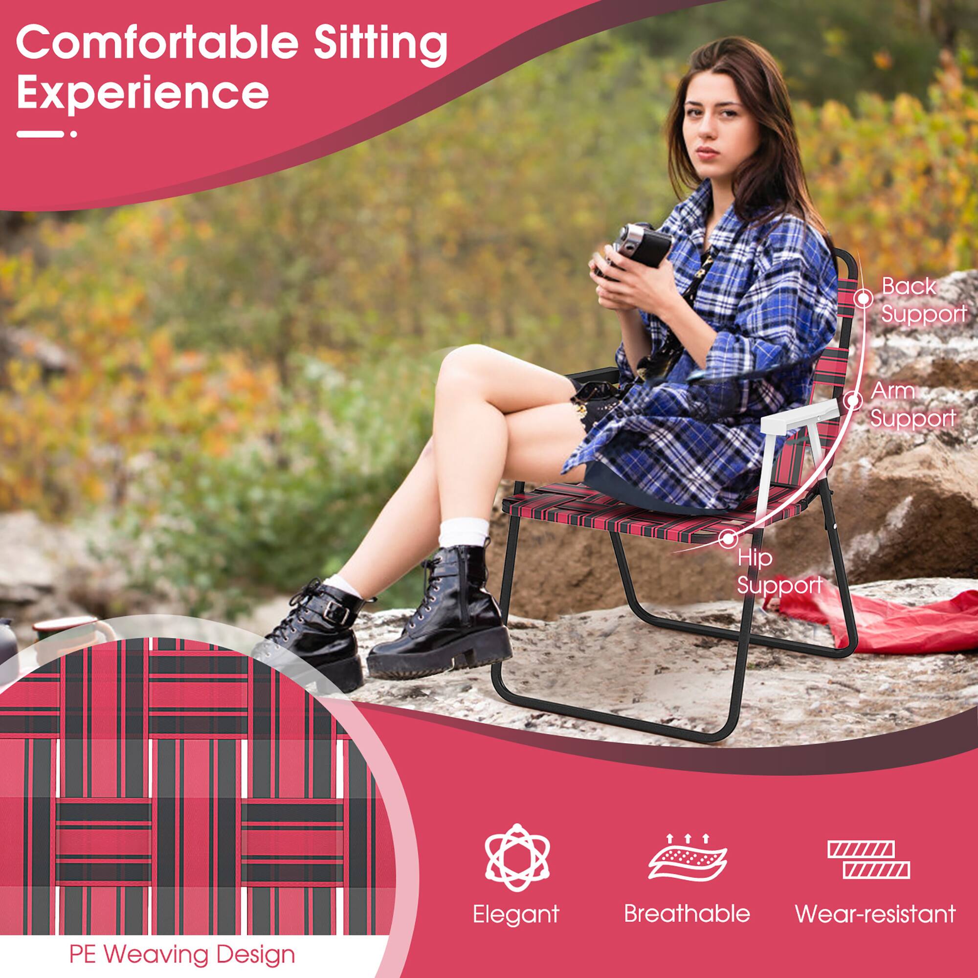Comfortable Sitting Experience

- Back Support
- Arm Support
- Hip Support

PE Weaving Design

Elegant
Breathable
Wear-resistant