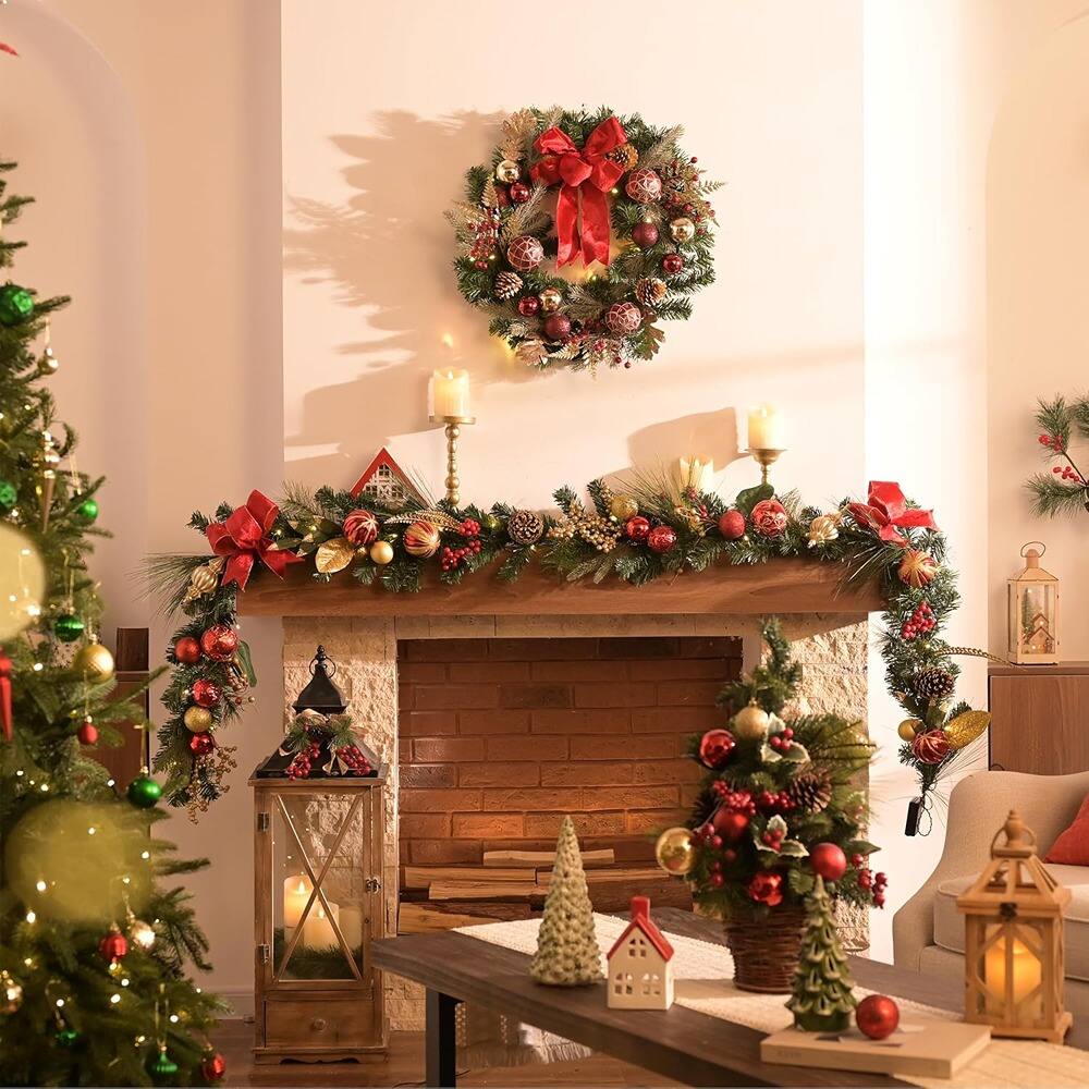 Angle. RTMB - 24" Pre-Lit Christmas Wreath, Red & Gold, Outdoor Holiday Decor - colo: Red/Gold Size: 24 Inch.