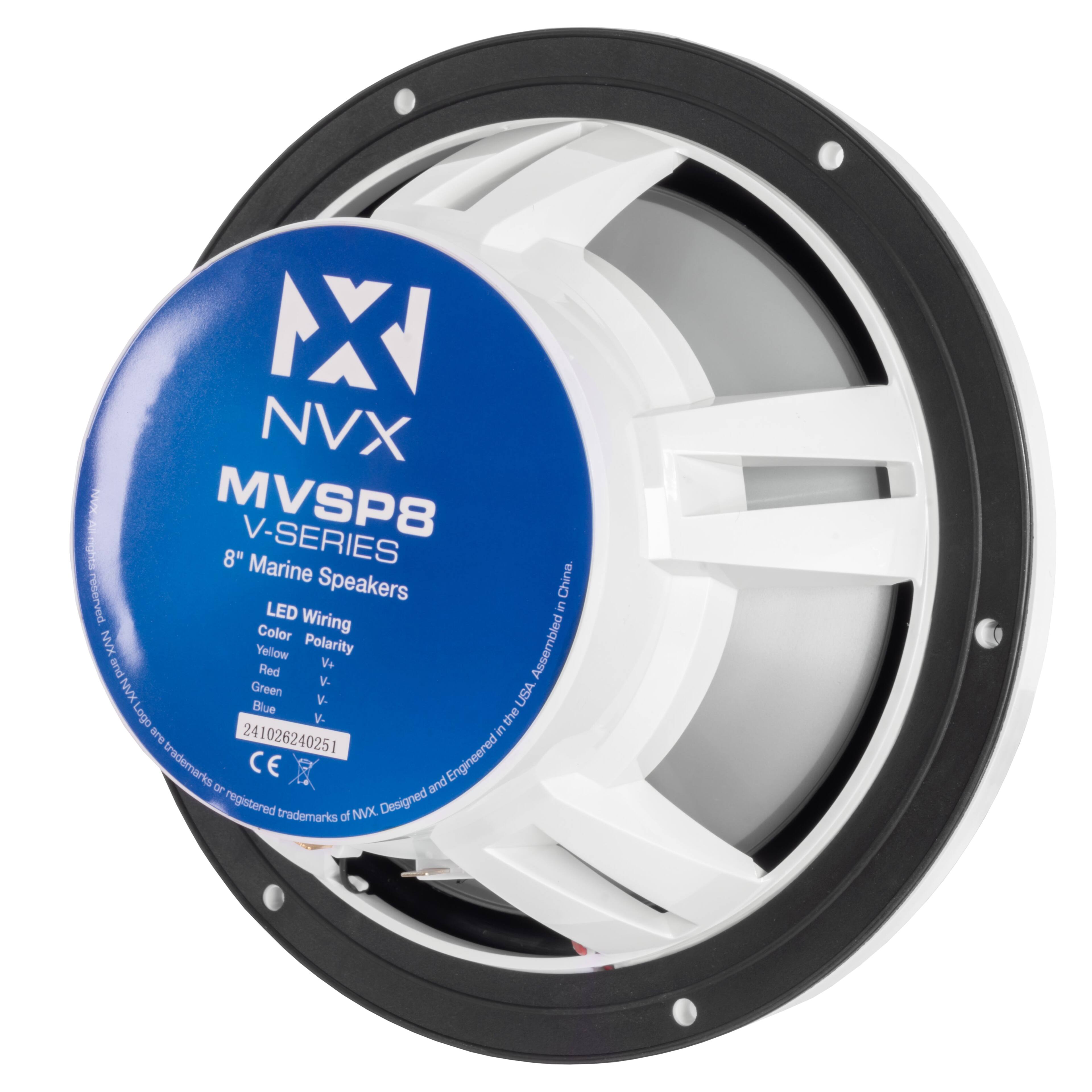 NX NVX MVSP8 V-SERIES 8" Marine Speakers China. LED 5 Color Wiring NVX Yellow Polarity Assembled and V+ Red V- NMK Green USA V. Lego Blue V- the ae in 241026240251 trademarks CE and Engineered or registered trademarks of NVX Designed