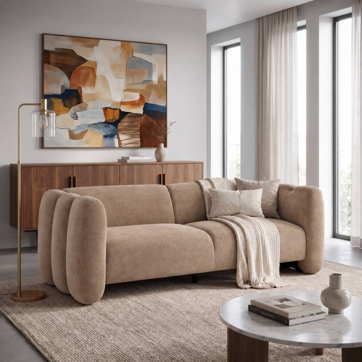Front. Ropilly - Ropilly 83 Inch 3 Seater Velvet Sofa, Camel Curved Sofa with Wave Design for Living Room Bedroom - Camel.