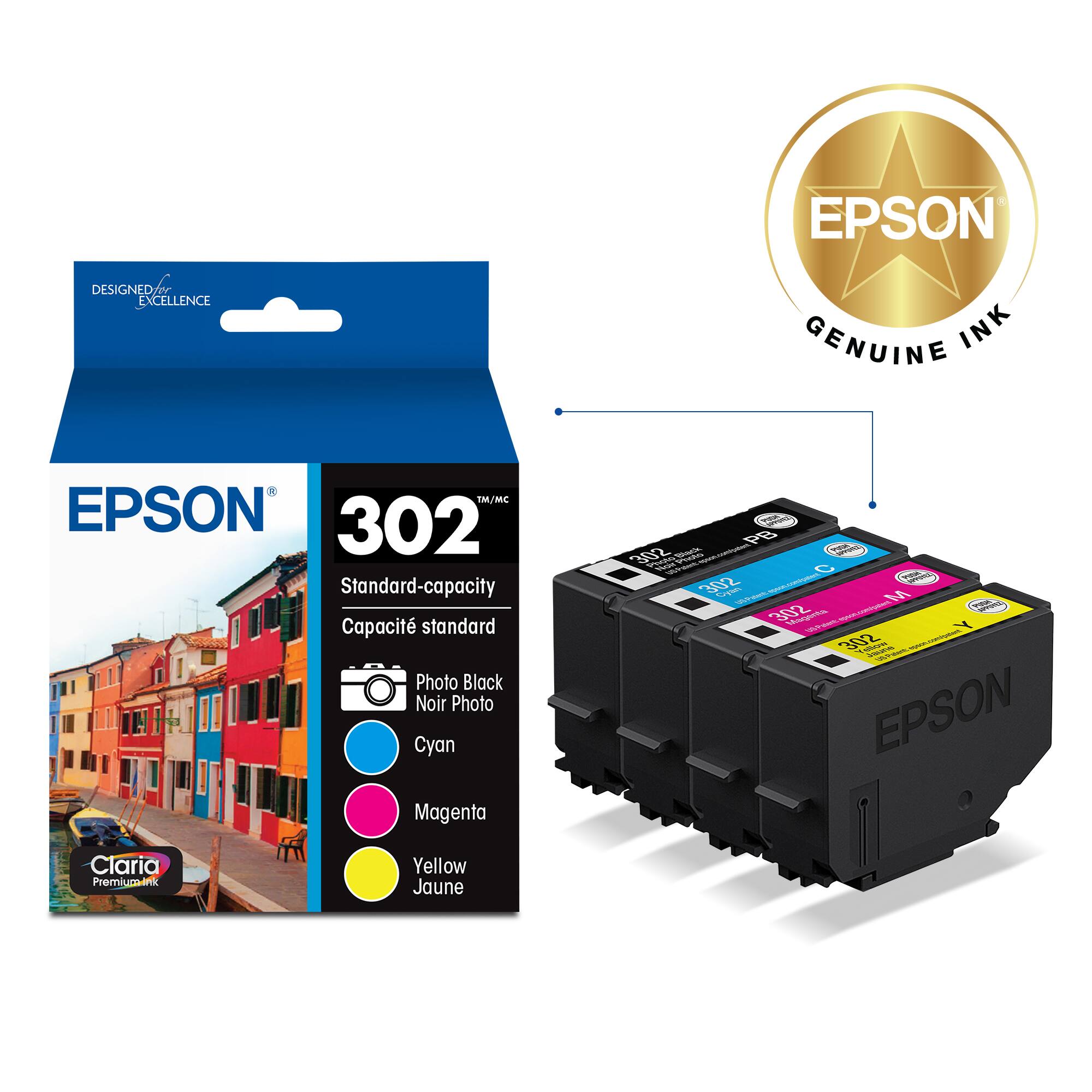 EPSON  
DESIGNED FOR EXCELLENCE  

EPSON 302  
Standard-capacity  
Capacité standard  

Photo Black Noir  
Cyan  
Magenta  
Yellow Jaune  

Claria Premium Ink  

EPSON GENUINE INK