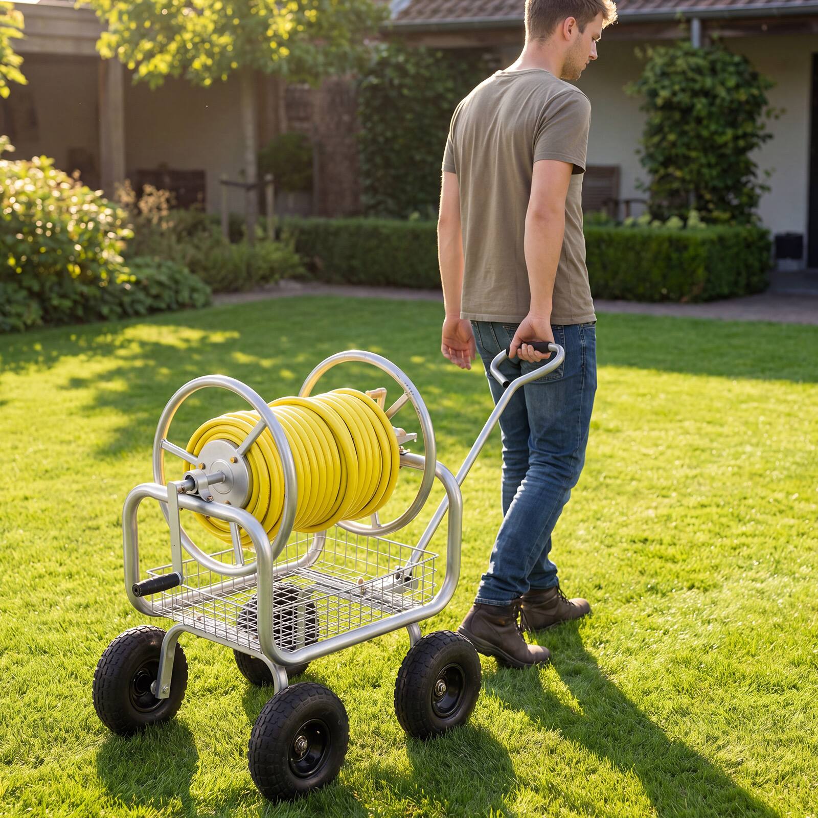 Alt View 1. Costway - Costway Garden Hose Reel Cart with 4 Wheels, Storage Basket, 300 FT of 5/8" Large Capacity - Silver.