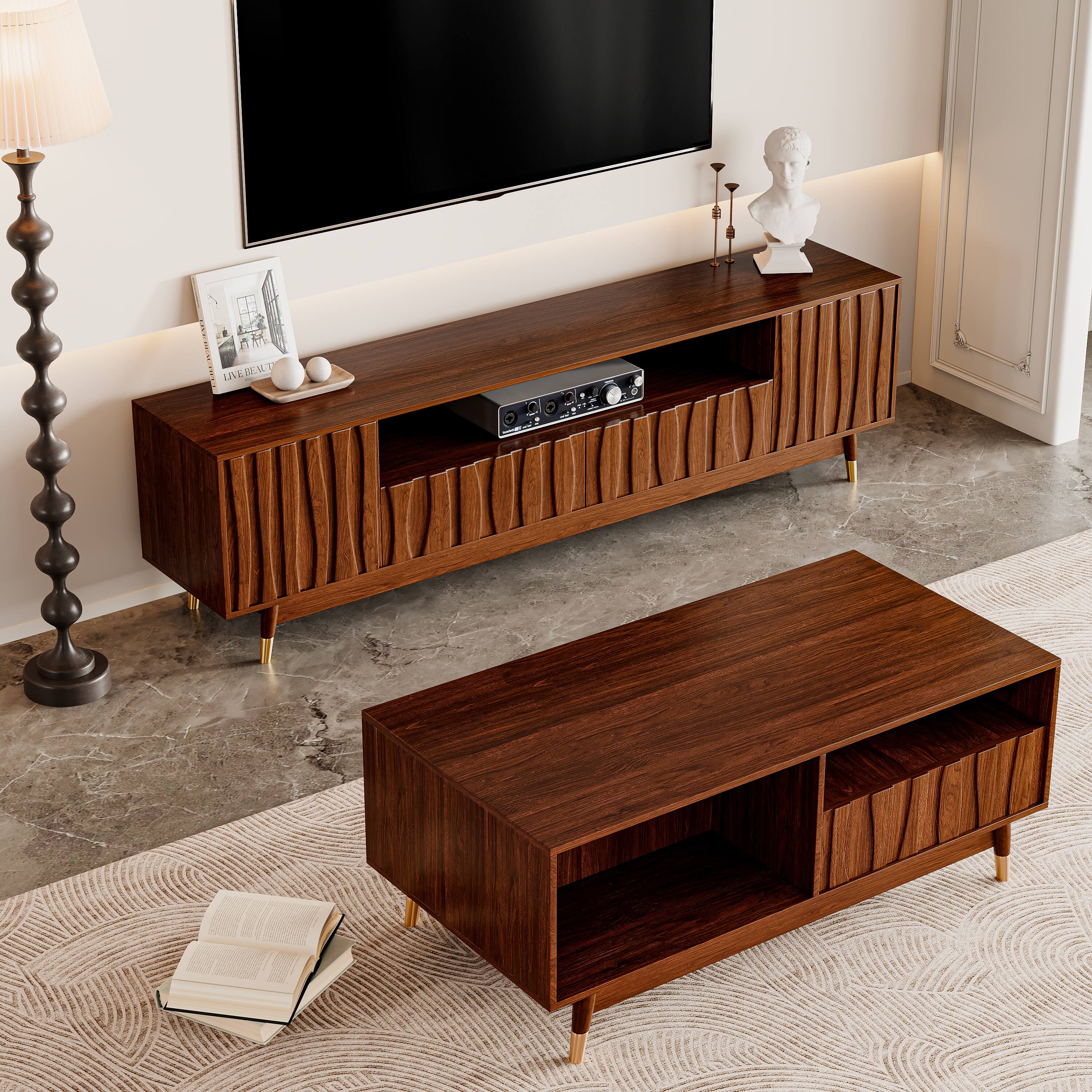 Front. MSOOB - Walnut TV Stand and Coffee Table Set Mid-Century Modern Entertainment Center for Living Room Media Console up to 85" TV - Brown.