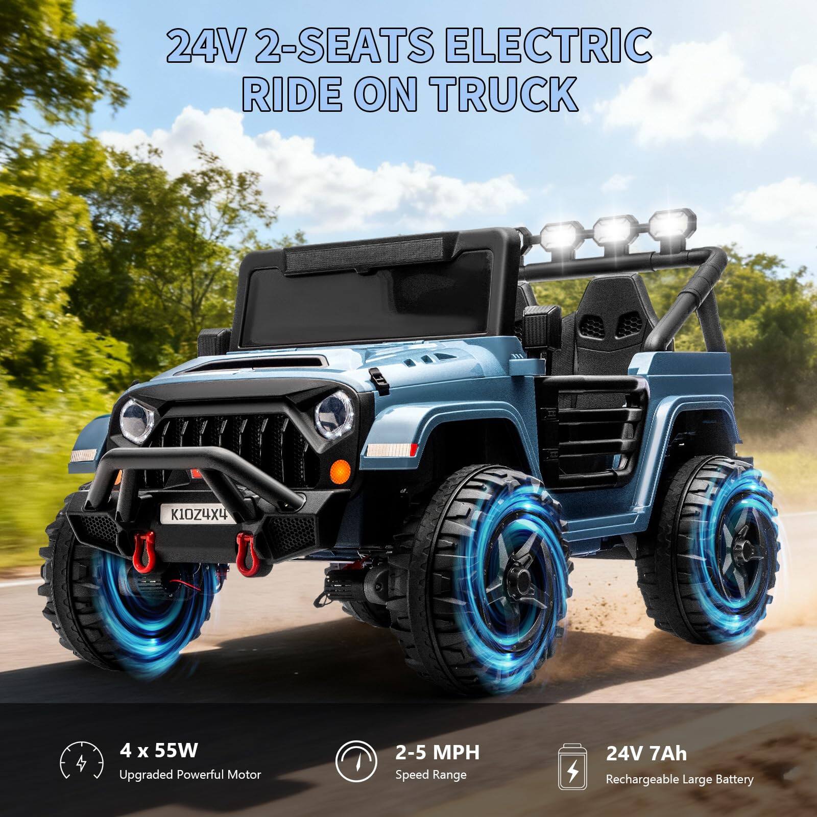 24V 2-SEATS ELECTRIC RIDE ON TRUCK

4 x 55W Upgraded Powerful Motor

2-5 MPH Speed Range

24V 7Ah Rechargeable Large Battery