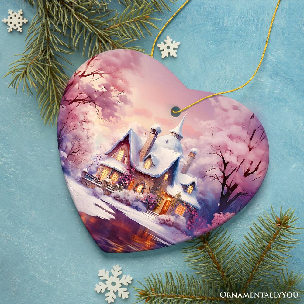Back. OrnamentallyYou - Picturesque Snowy Evening House Illustration Christmas Ornament Peaceful Home Decoration Heart - Multi-colored.