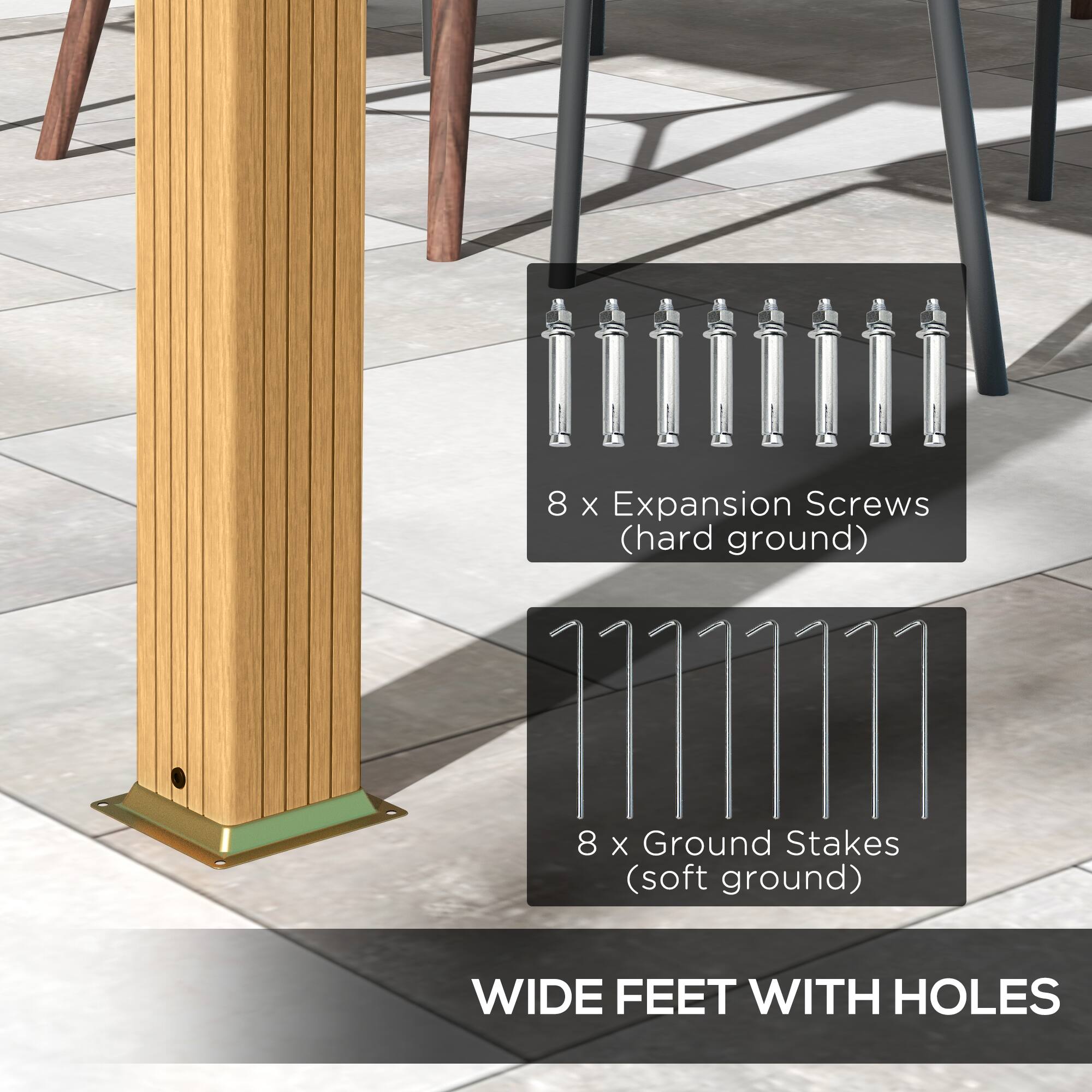 8 X Expansion Screws (hard ground)
8 X Ground Stakes (soft ground)
WIDE FEET WITH HOLES