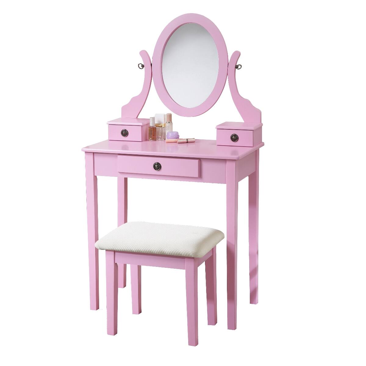 Alt View 2. Loheer - Loheer Pink Makeup Vanity Table with Stool, Adjustable Oval Mirror - Pink.
