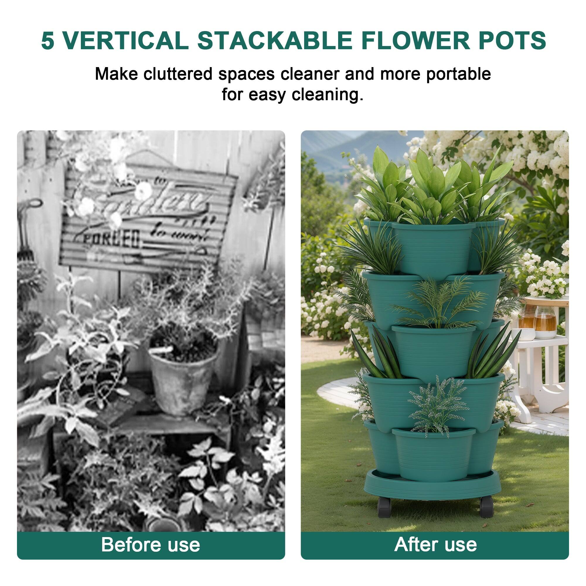 5 VERTICAL STACKABLE FLOWER POTS

Make cluttered spaces cleaner and more portable for easy cleaning.

Before use

After use