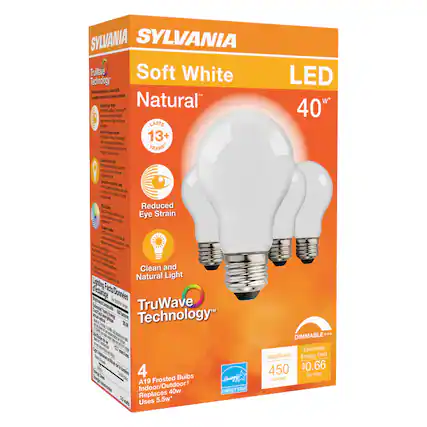 SYLVANIA
Soft White Natural™
LED 40W*
LASTS 13+ YEARS*
Reduced Eye Strain
Clean and Natural Light
TruWave Technology™
DIMMABLE+++
Brightness: 450 lumens
Estimated Energy Cost: $0.66 per year
4 A19 Frosted Bulbs
Indoor/Outdoor
Replaces 40W
Uses 5.5W*
SYLVANIA
TruWave Technology™
Soft White Natural™
LED 40W*
LASTS 13+ YEARS*
Reduced Eye Strain
Clean and Natural Light
TruWave Technology™
DIMMABLE+++
Brightness: 450 lumens
Estimated Energy Cost: $0.66 per year
4 A19 Frosted Bulbs
Indoor/Outdoor
Replaces 40W
Uses 5.5W*
SYLVANIA
TruWave Technology™
Soft White Natural™
LED 40W*
LASTS 13+ YEARS*
Reduced Eye Strain
Clean and Natural Light
TruWave Technology™
DIMMABLE+++
Brightness: 450 lumens
Estimated Energy Cost: $0.66 per year
4 A19 Frosted Bulbs
Indoor/Outdoor
Replaces 40W
Uses 5.5W*
SYLVANIA
TruWave Technology™
Soft White Natural™
LED 40W*
LASTS 13+ YEARS*
Reduced Eye Strain
Clean and Natural Light
TruWave Technology™
DIMMABLE+++
Brightness: 450 lumens
Estimated Energy Cost: $0.66 per year
4 A19 Frosted Bulbs
Indoor/Outdoor
Replaces 40W
Uses 5.5W*
SYLVANIA
TruWave Technology™
Soft White Natural™
LED 40W*
LASTS 13+ YEARS*
Reduced Eye Strain
Clean and Natural Light
TruWave Technology™
DIMMABLE+++
Brightness: 450 lumens
Estimated Energy Cost: $0.66 per year
4 A19 Frosted Bulbs
Indoor/Outdoor
Replaces 40W
Uses 5.5W