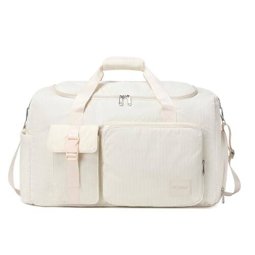 Front. Fabibe - Duffle Bag Woman Corduroy Travel Sports Duffel Bags With Shoe Compartment Wet Pocket (purple) - 4-Beige.