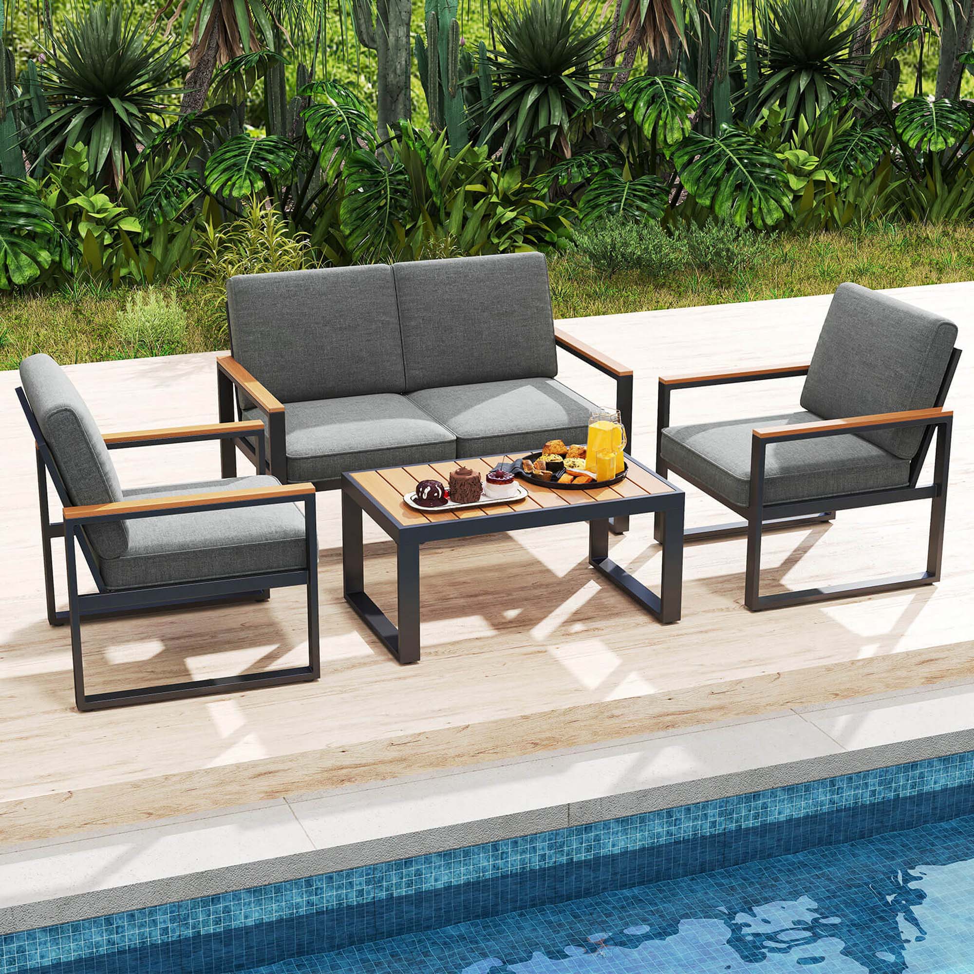 Back. Costway - 4 PCS Patio Aluminum Furniture Set Wood-Plastic Armrests & Tabletop for Balcony - Gray.
