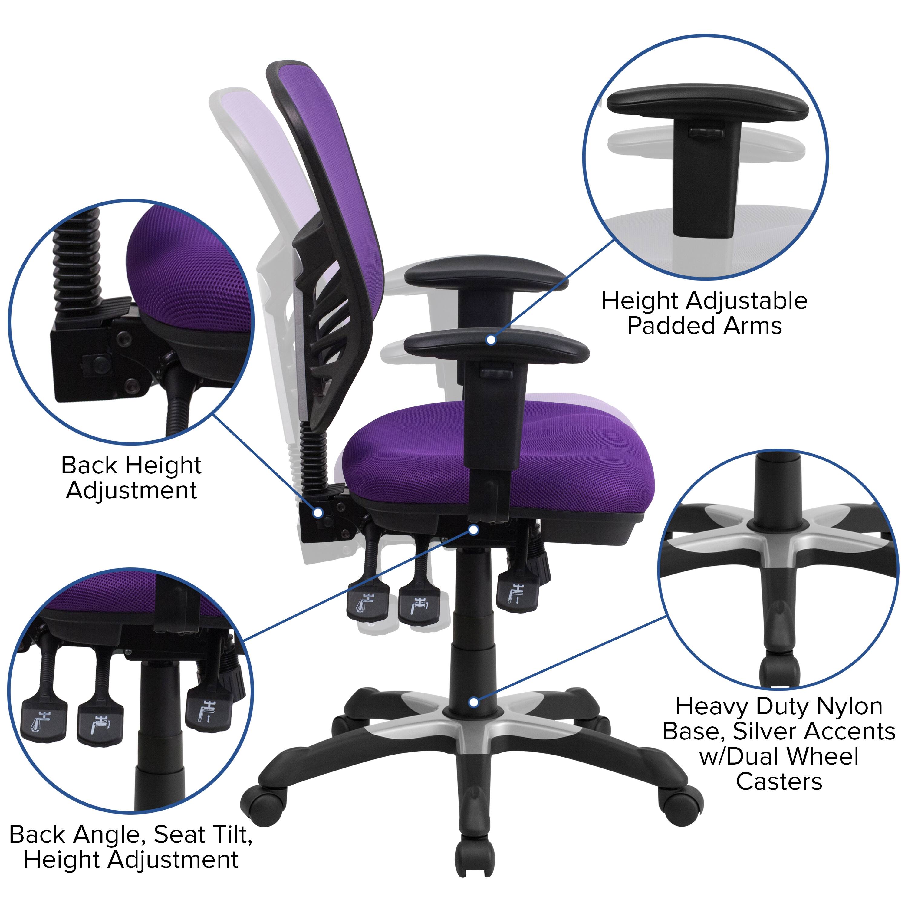 Height Adjustable Padded Arms  
Back Height Adjustment  
Heavy Duty Nylon Base, Silver Accents w/Dual Wheel Casters  
Back Angle, Seat Tilt, Height Adjustment