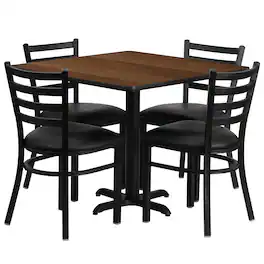 Emma + Oliver - 36" Square Laminate X-Base Table Set with 4 Ladder Back Chairs - Walnut Top/Black Vinyl Seat