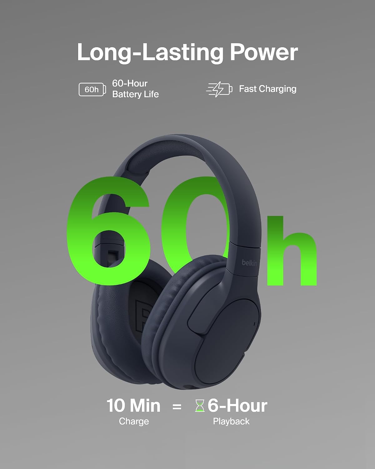 Long-Lasting Power  
60-Hour Battery Life  
Fast Charging  
10 Min Charge = 6-Hour Playback