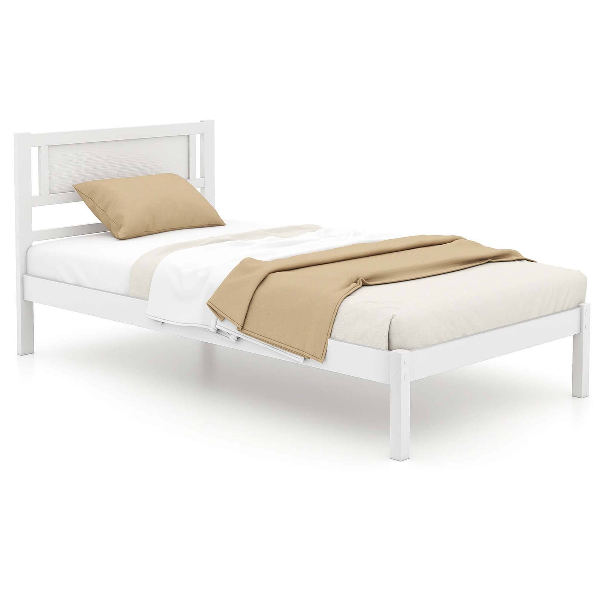 Front. Costway - Twin Wooden Platform Bed with 12 Slats Headboard & Under Bed Storage - White.