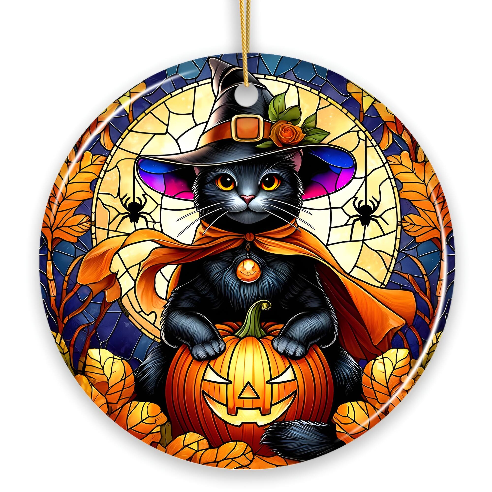 OrnamentallyYou - Enchanted Cat Witch Stained Glass Style Ceramic Ornament Christmas Gift and Dcor Version 2 - Multi-colored