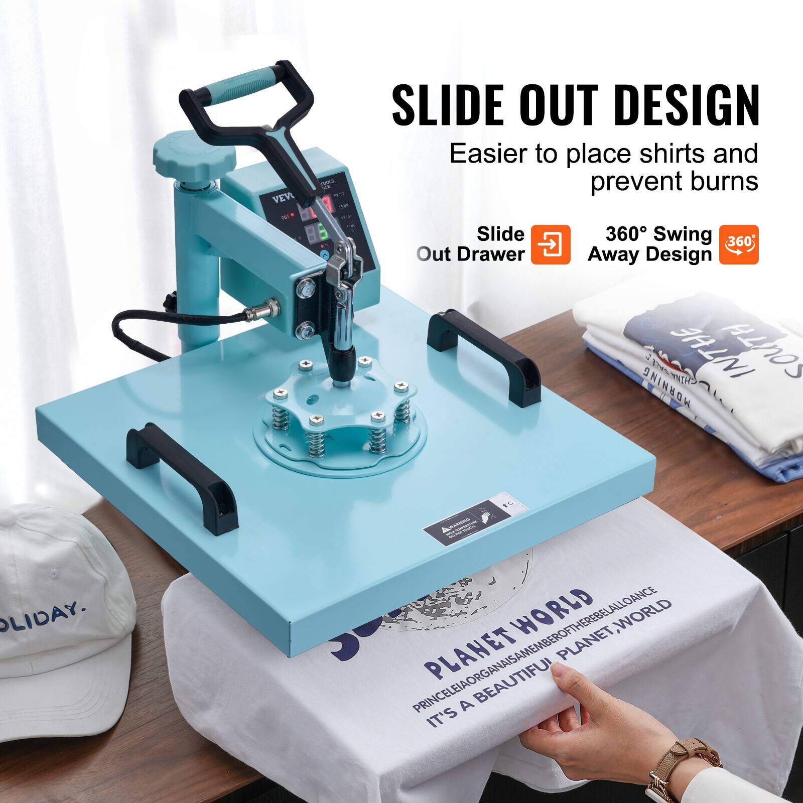 OLIDAY.  
SLIDE OUT DESIGN  
Easier to place shirts and prevent burns  
VEV TEMP 88  
Slide 360 Swing 360  
Out Drawer Away Design  
MORNING SALE  
MAC CHIM IN THE SOUTH  
1C  
WARNING - WORLD PLANET, WORLD PLANET, WORLD RINCELEIAORGANISAMEMBEROF THEREBELALLOAN  
PLANET IT'S A BEAUTIFUL