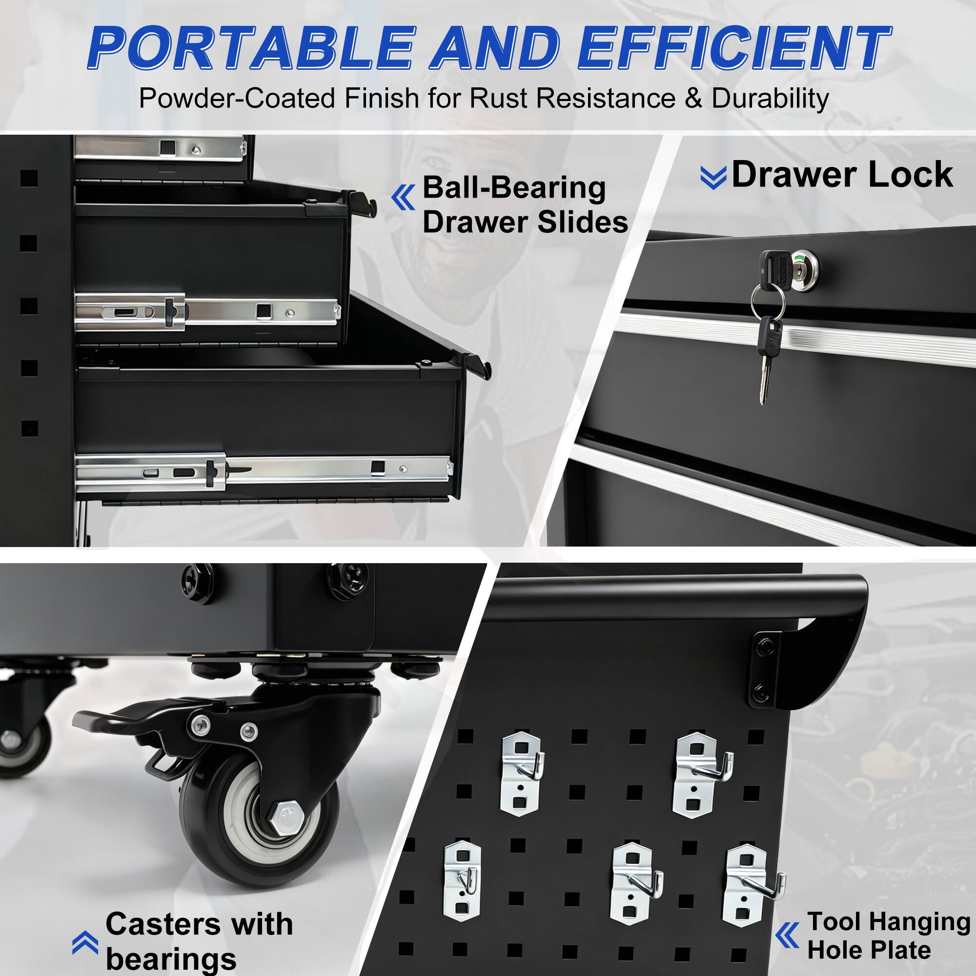 PORTABLE AND EFFICIENT  
Powder-Coated Finish for Rust Resistance & Durability  

Ball-Bearing Drawer Slides  
Drawer Lock  
Casters with bearings  
Tool Hanging Hole Plate