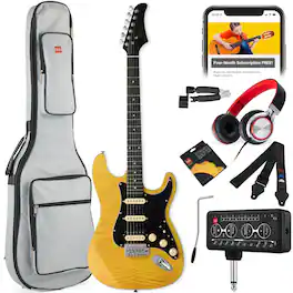 Best Choice Products - Beginner HSS Electric Guitar Kit w/ Headphone Amp, Gig-Bag, Headphones - Natural Flametop/Black