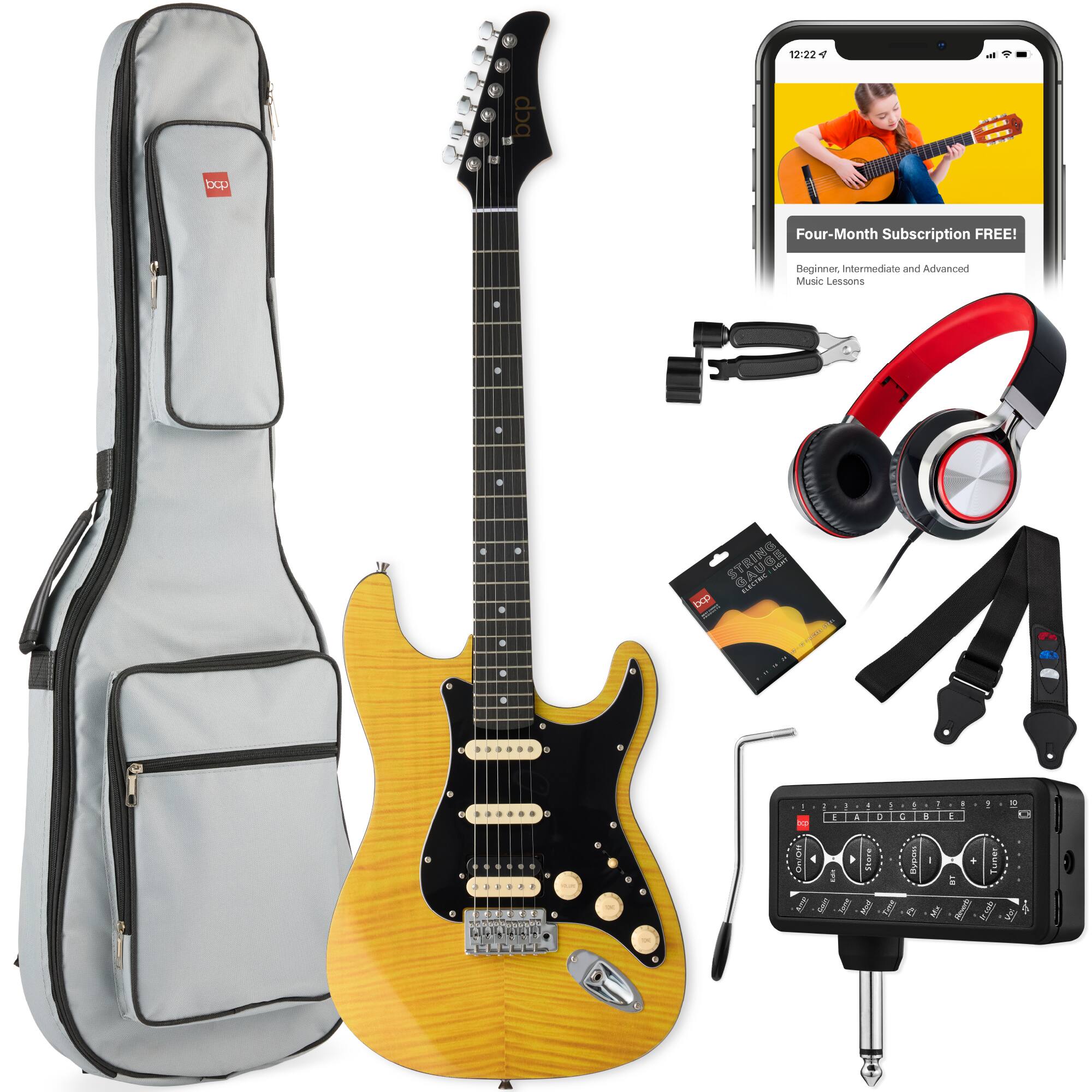 Best Choice Products - Beginner HSS Electric Guitar Kit w/ Headphone Amp, Gig-Bag, Headphones - Natural Flametop/Black