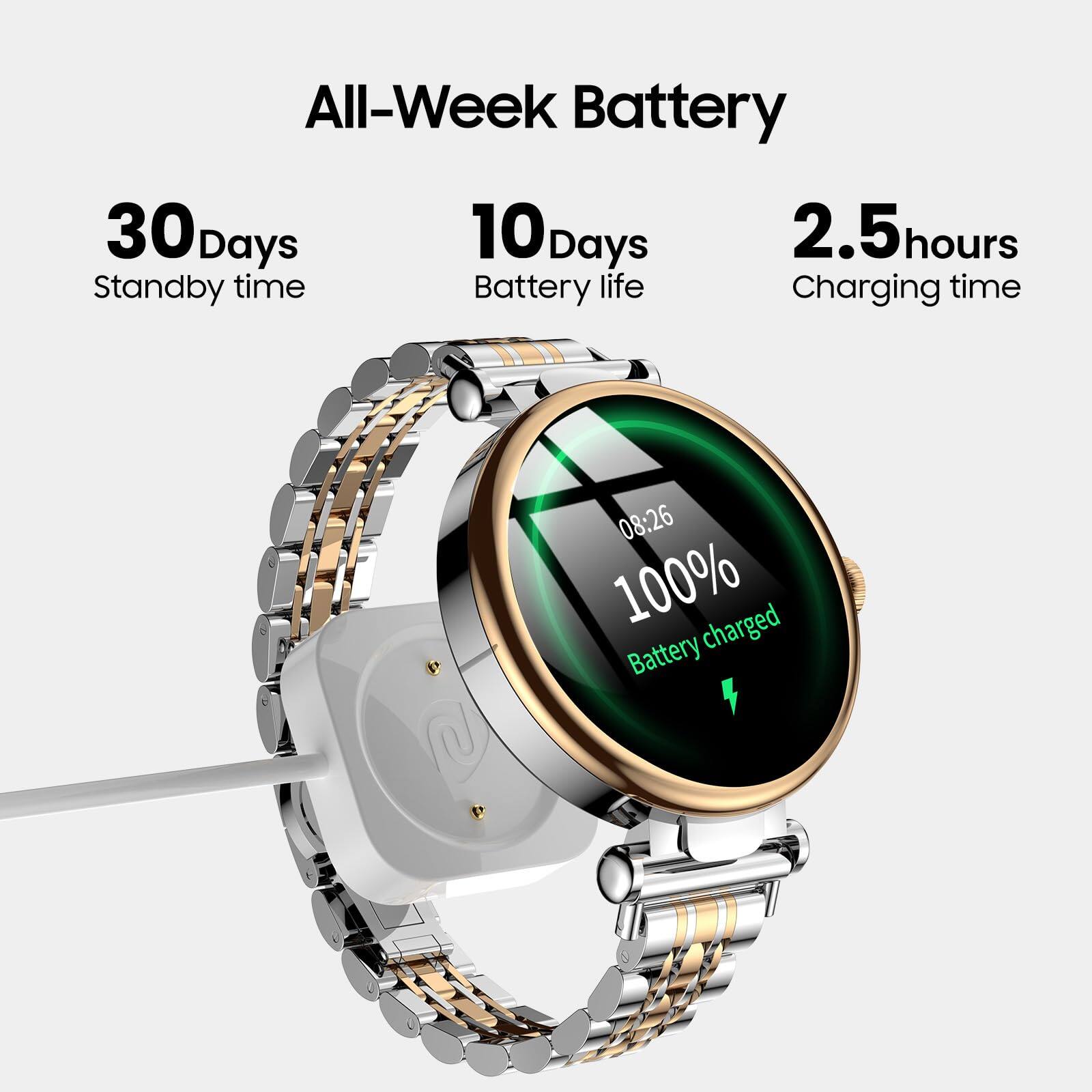 All-Week Battery

- 30 Days Standby time
- 10 Days Battery life
- 2.5 hours Charging time

08:26 100% Battery charged