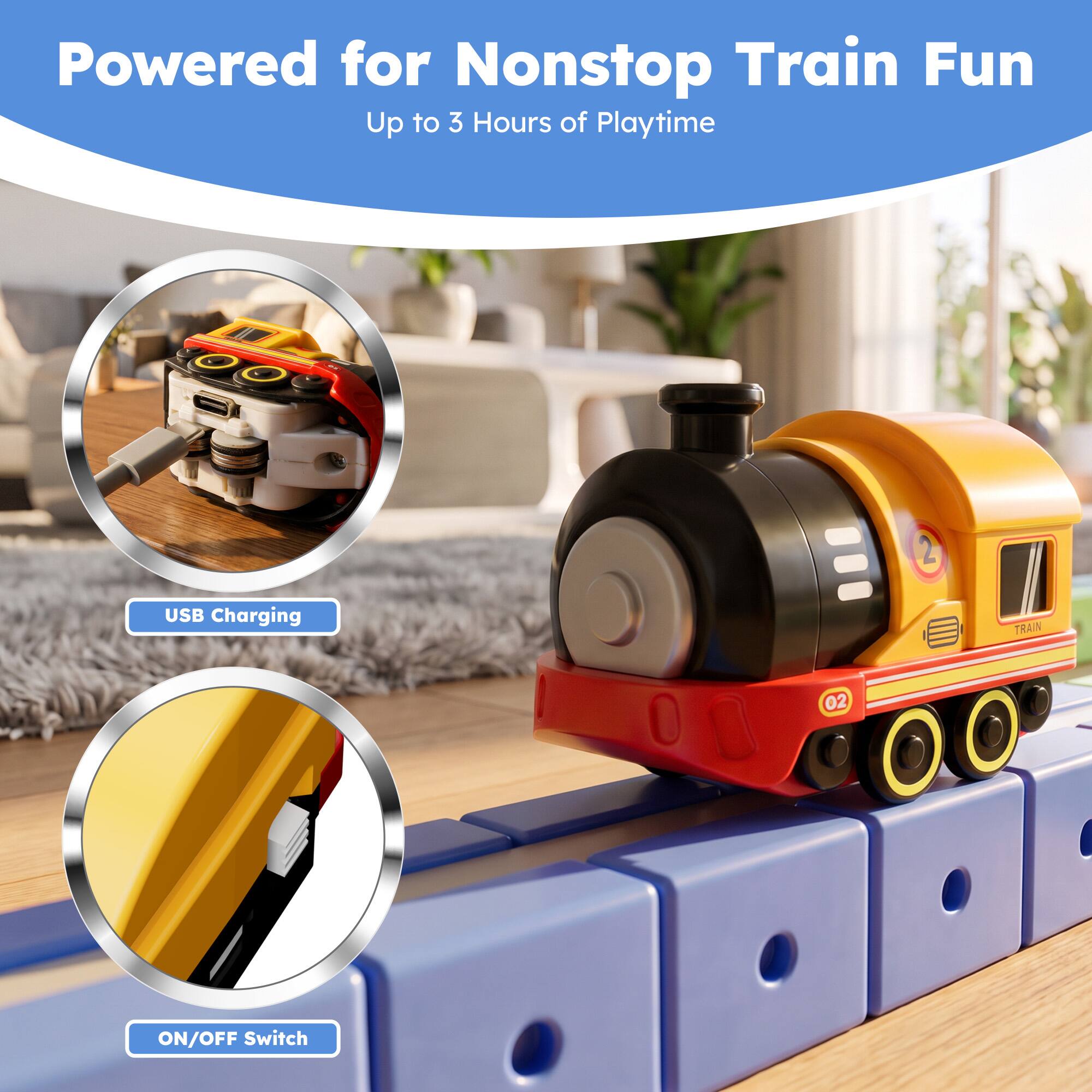 Powered for Nonstop Train Fun  
Up to 3 Hours of Playtime

USB Charging

ON/OFF Switch