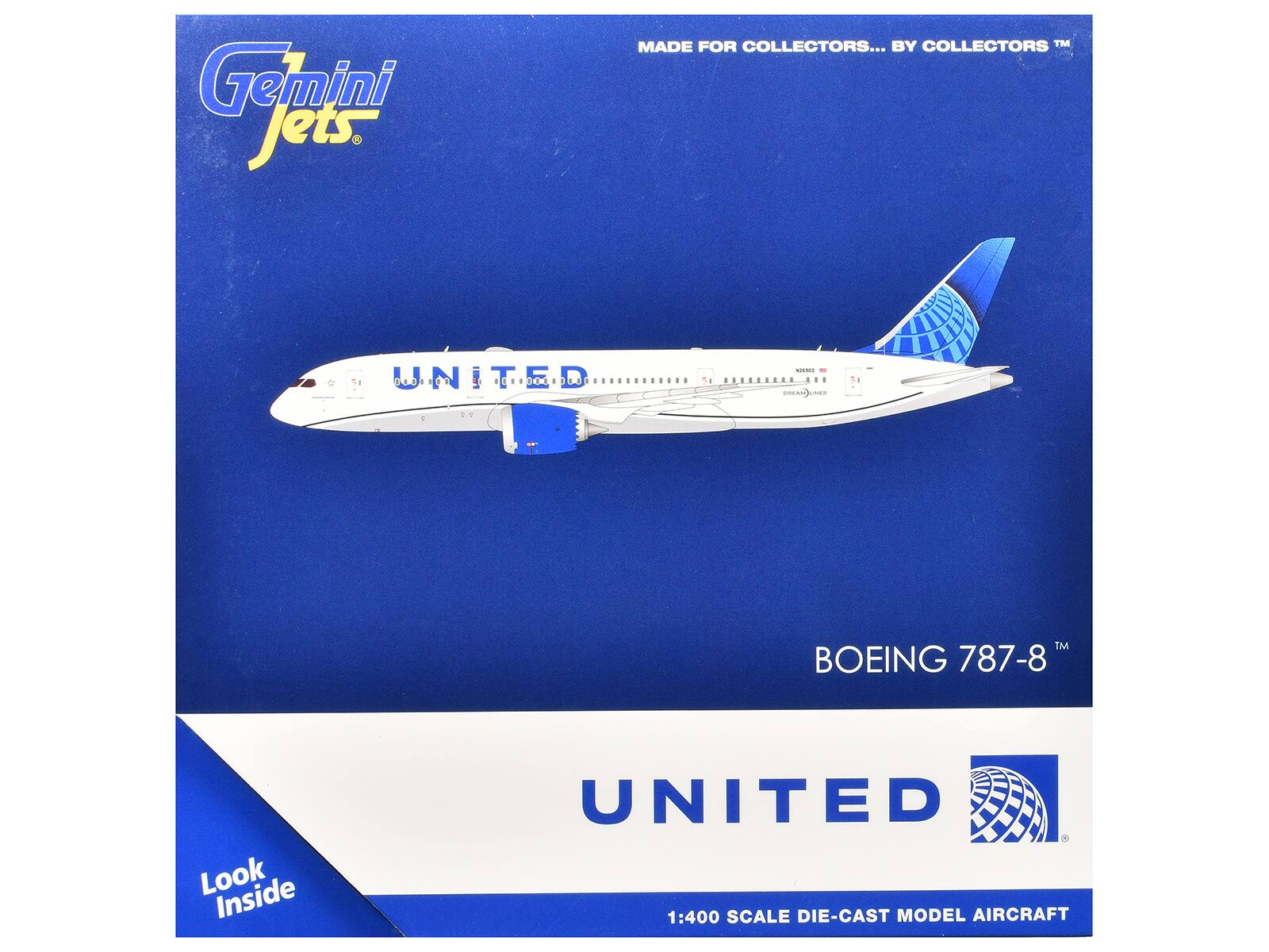 Gemini Jets  
MADE FOR COLLECTORS... BY COLLECTORS™  

UNITED  
BOEING 787-8™  

Look Inside  
1:400 SCALE DIE-CAST MODEL AIRCRAFT