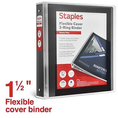 Staples Flexible Cover 3-Ring Binder  
Heavy Duty  
Flexible, heavy-duty plastic exterior with a durable, flexible spine  
Exterior clear view cover pocket allows for easy customization  
Includes interior back cover pocket and business card holder  
1½" Flexible cover binder  
275 sheets  
QUARTERLY REPORT