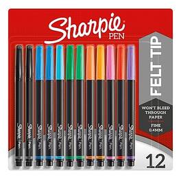 Sharpie - Felt Pen, Fine Point, 0.4 mm, Dozen - Assorted Ink
