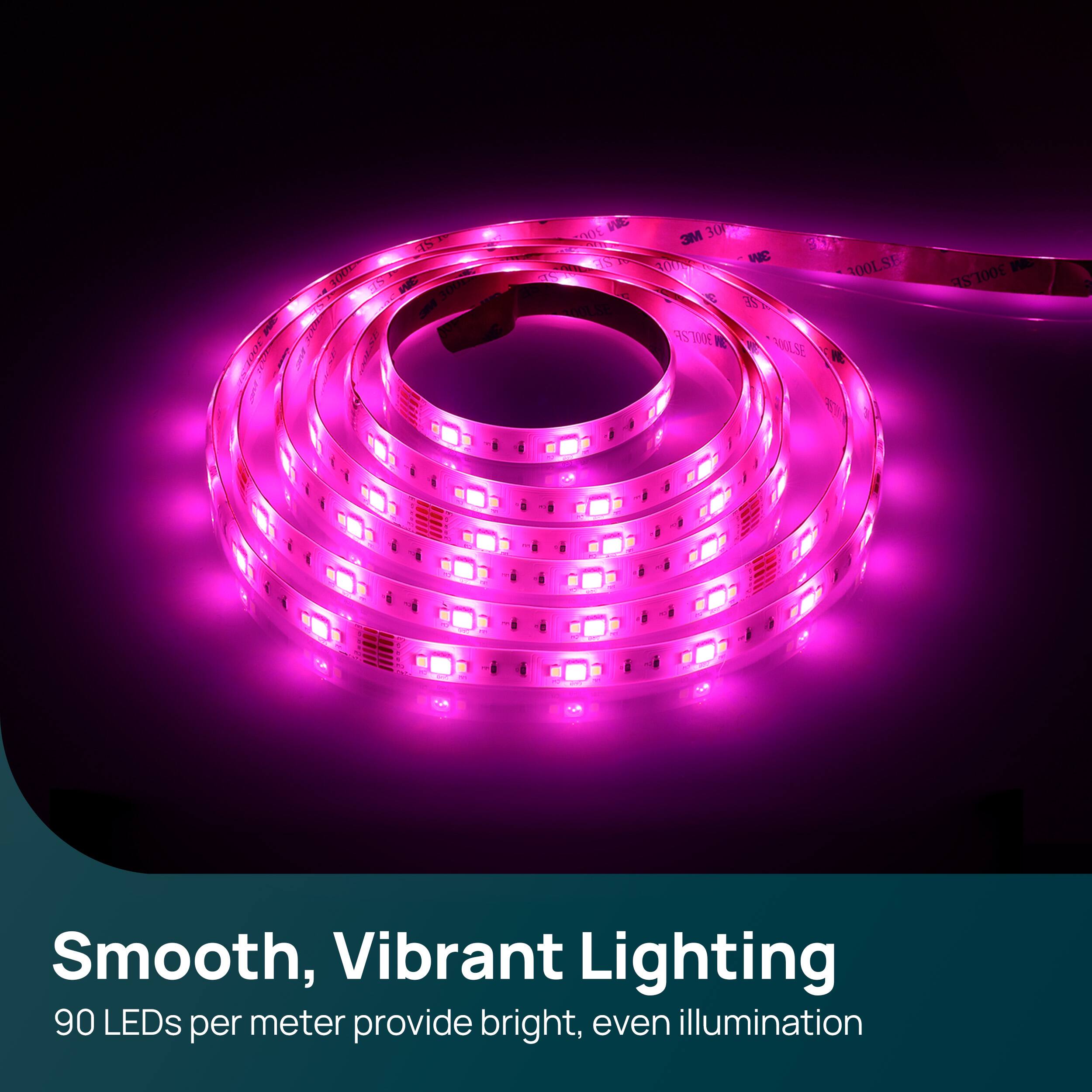 CON E5 100E 35 IC 100 SM Va T02 15 5 ot SE 3M 300 T T WC 300LSF 3S NSE 300LSE

Smooth, Vibrant Lighting  
90 LEDs per meter provide bright, even illumination