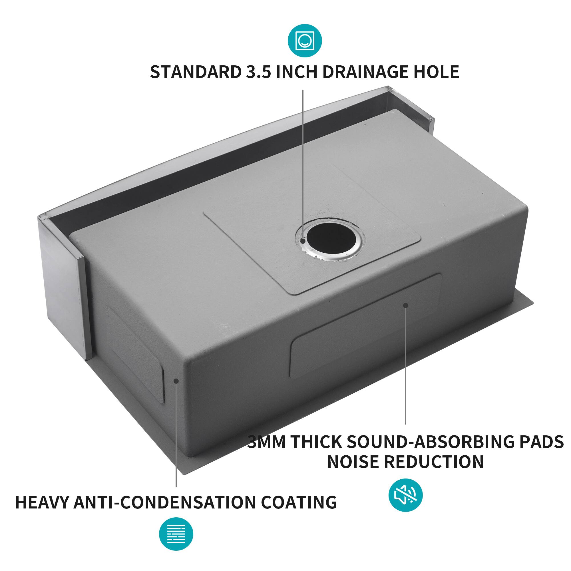 STANDARD 3.5 INCH DRAINAGE HOLE

3MM THICK SOUND-ABSORBING PADS NOISE REDUCTION

HEAVY ANTI-CONDENSATION COATING