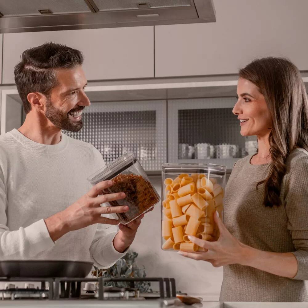 Left. OU - OU Airtight Food Storage Container 9.7 Cup, BPA Free, Plastic Storage Container with Leak Proof Lid - Clear.