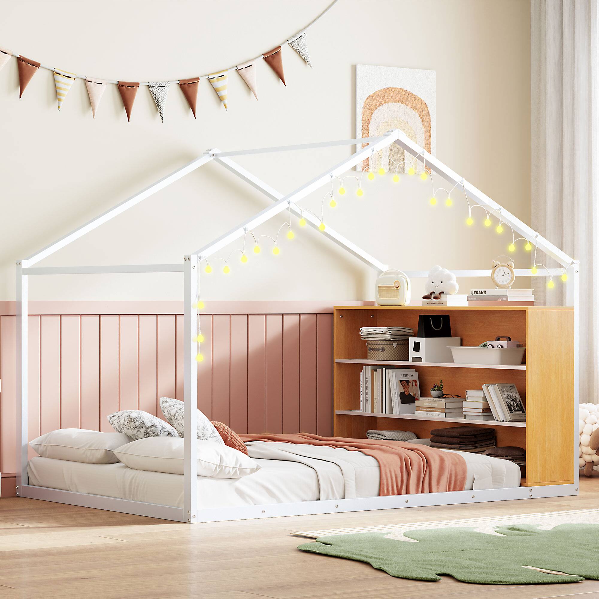 GOODSILO - Full Size Metal House Bed Frame with Shelves and Lights - White