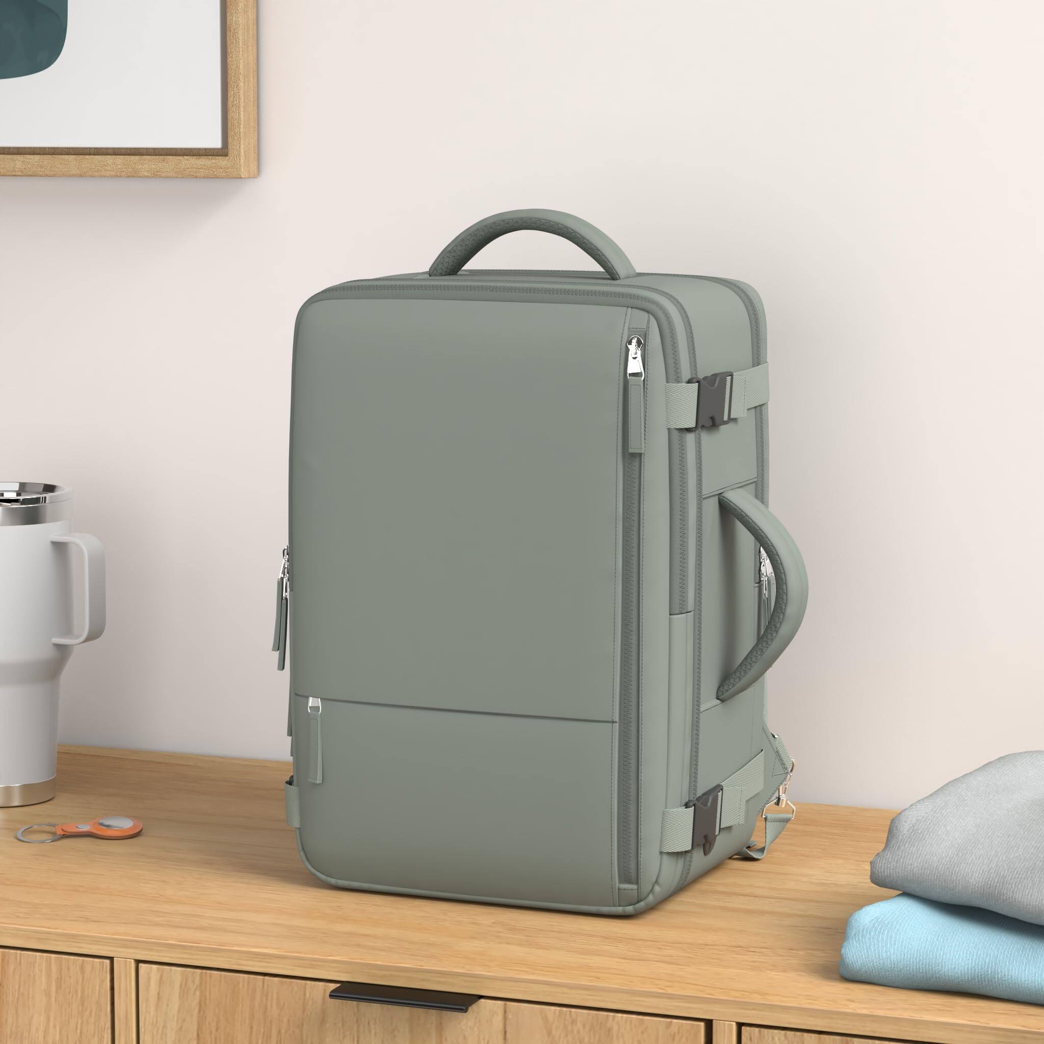 Left. Live At Space - Travel Backpack For Women Men Flight Approved  Carry on Bag Luggage Personal Item Laptop Casual Daypack Haves Olive - Blue Green-Large.