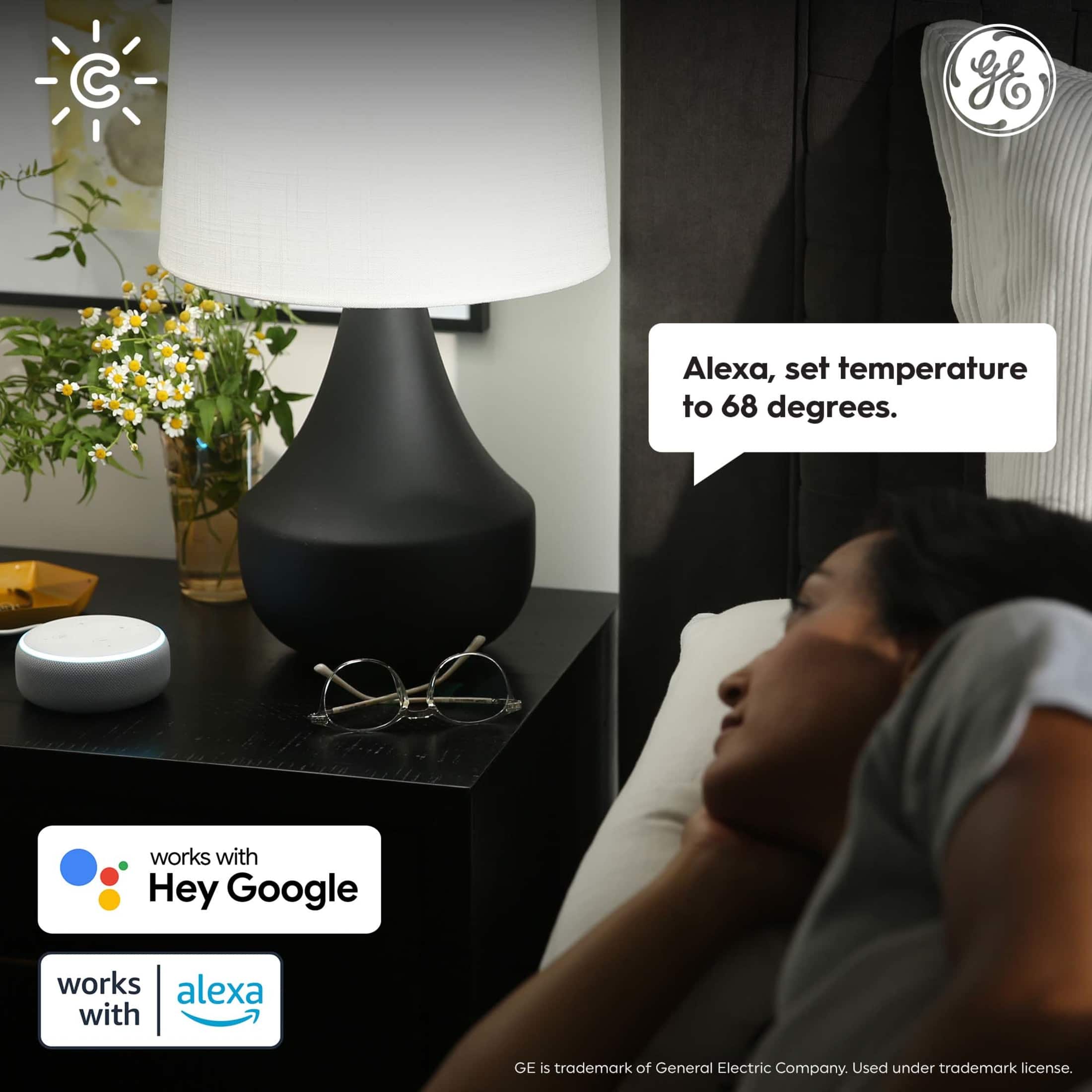 "C gE Alexa, set temperature to 68 degrees. works with Hey Google works alexa with GE is trademark of General Electric Company. Used under trademark license."