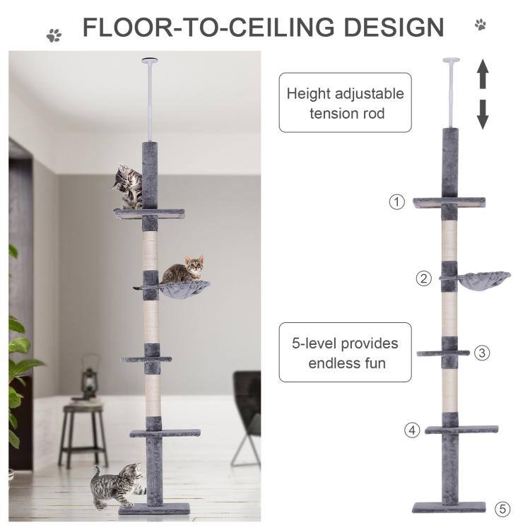 PULUZ 102 inch Adjustable Height Floor to Ceiling Cat Tree, 5 Level Cat ...